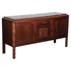 French Art Deco Buffet, Carved Oak and Rouge Marble Top, 1930s