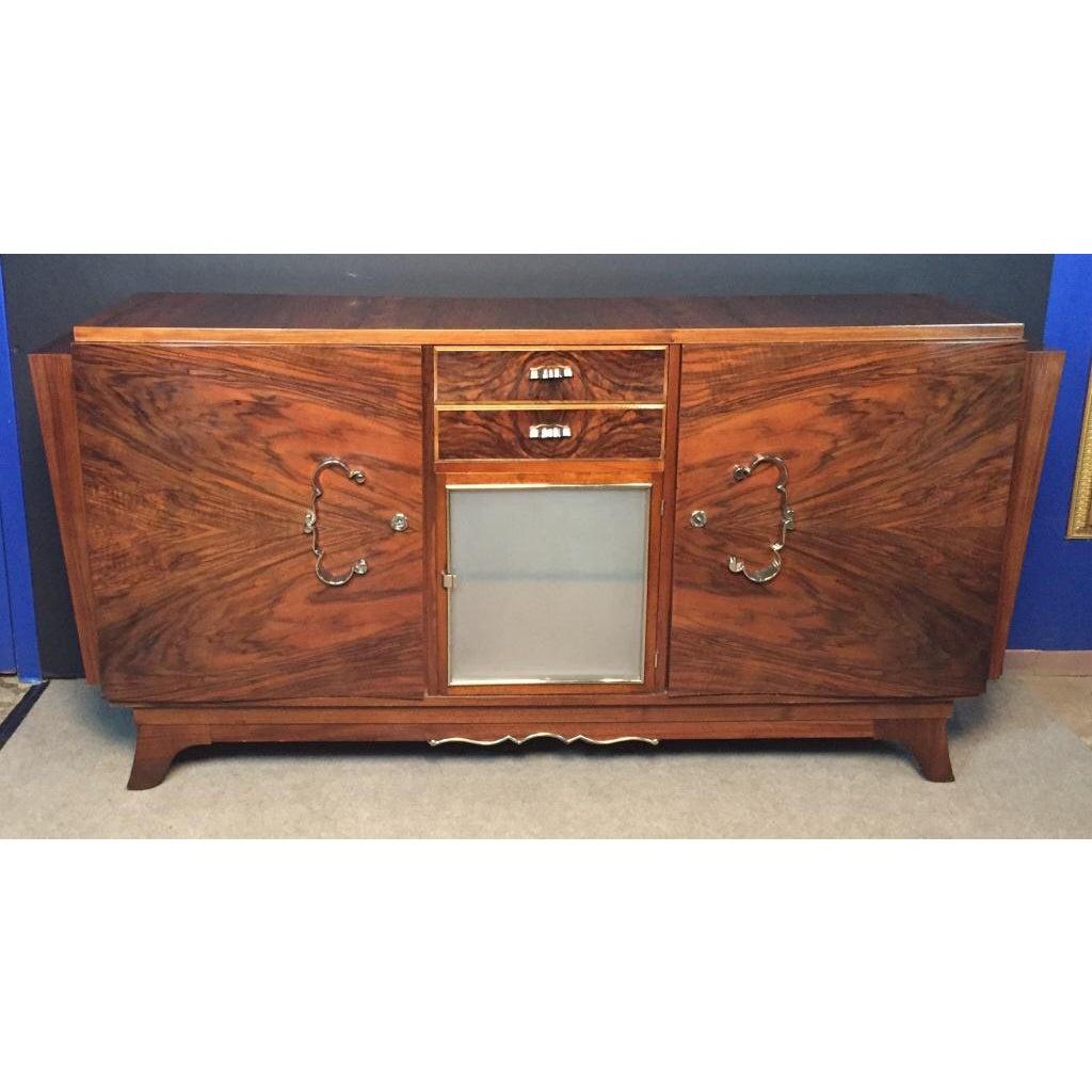 French Art Deco Book-Matched Mahogany Buffet Sideboard. The Fine Quality Credenza From The Art Deco Period Has Nickel Over Bronze Mounts And Handles
