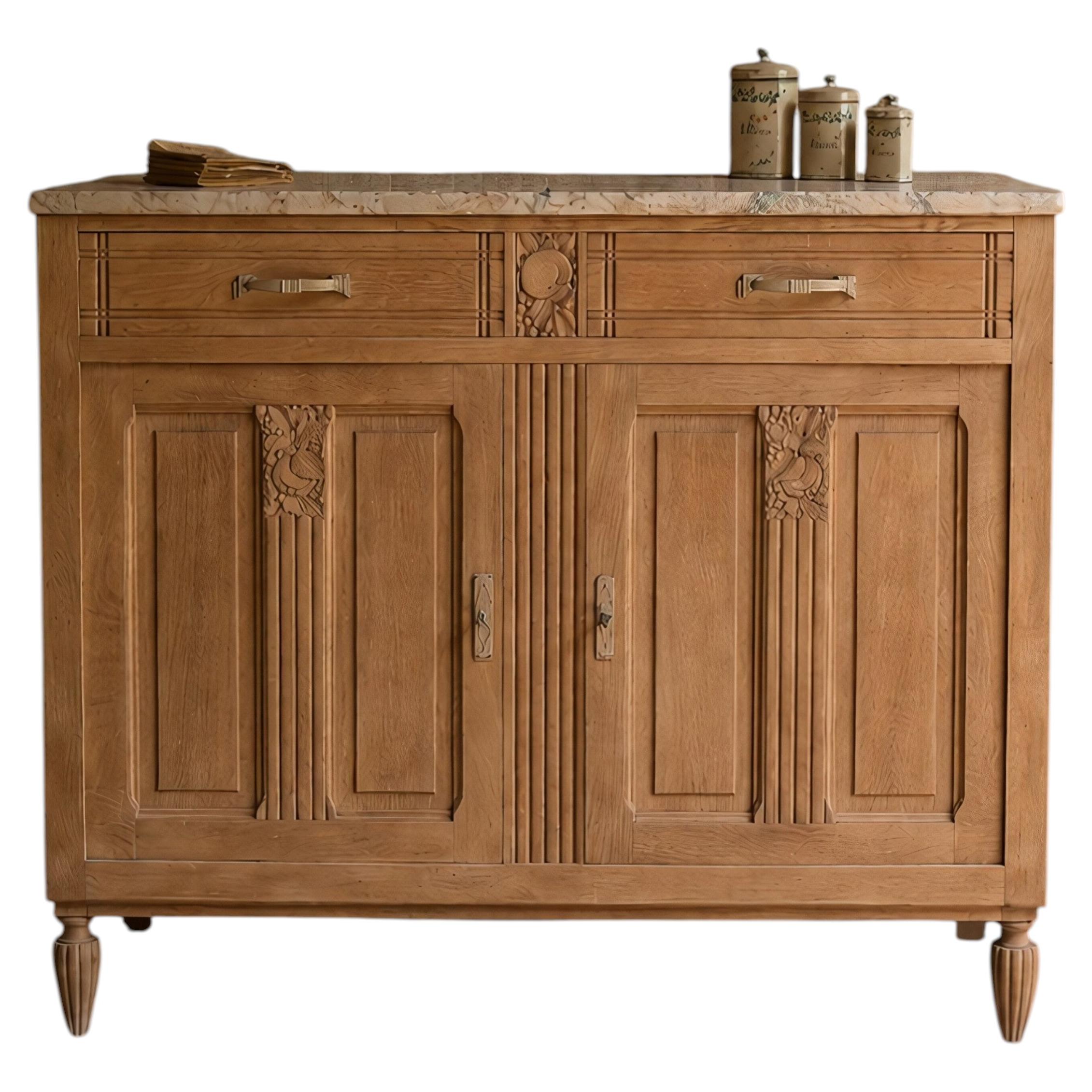 Credenza Art Déco francese in rovere sbiancato con piano in marmo, anni ’30