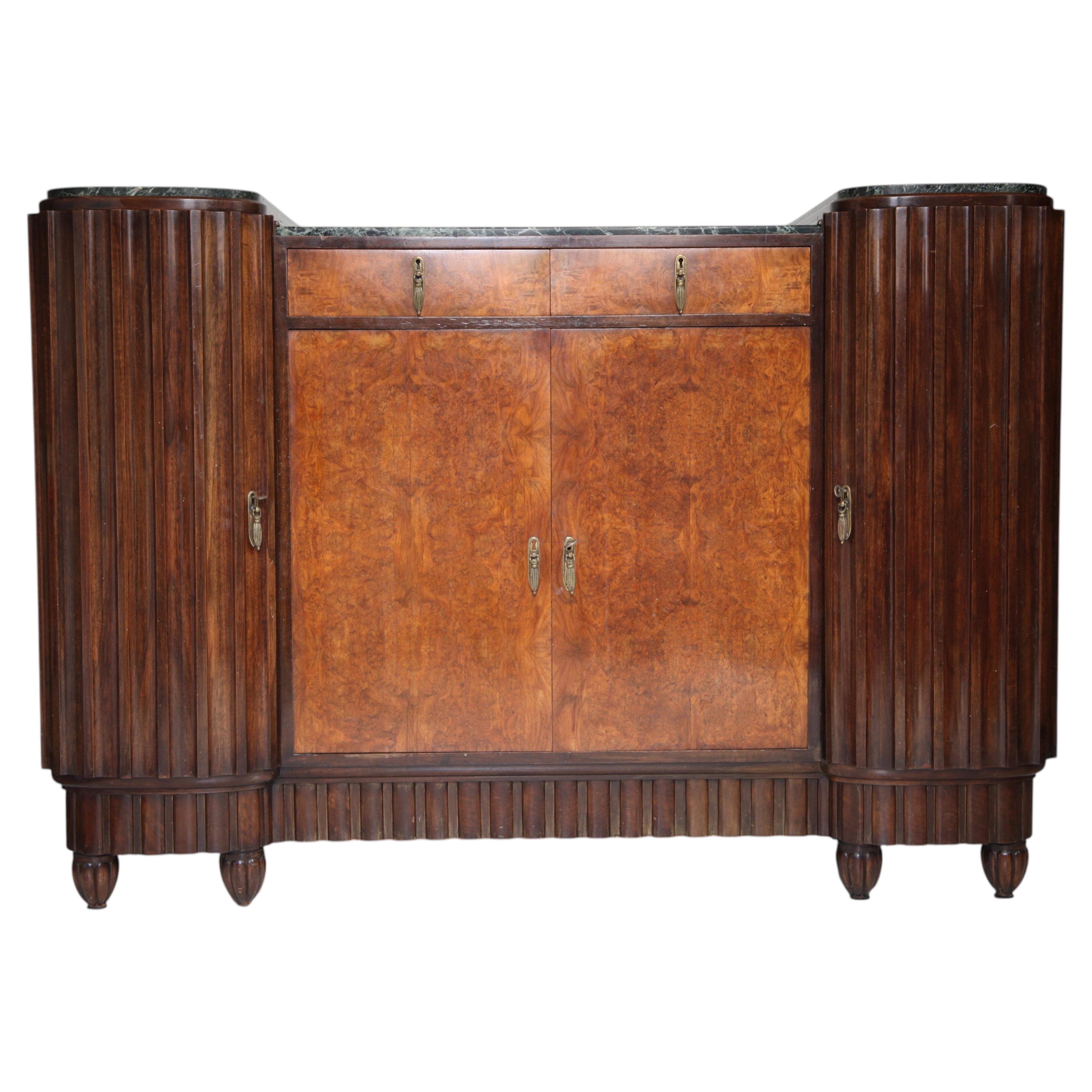 French Art Deco Buffet in Burl Walnut and Verde Antico Marble, France, 1930s