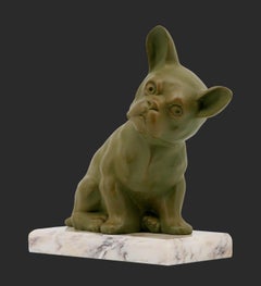 French Art Deco Bulldog Sculpture, Spelter & Marble, France, 1920