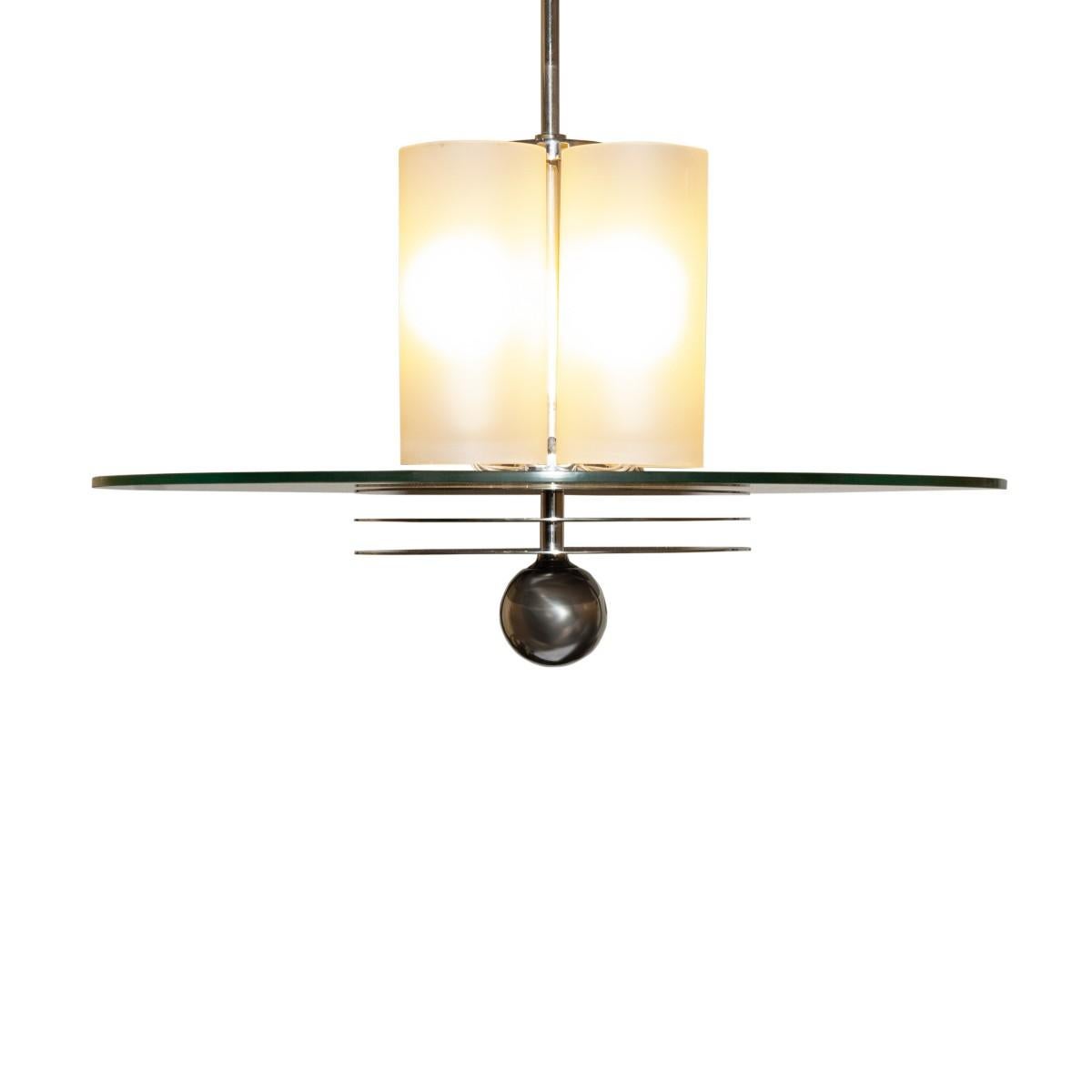 French Art Deco Bunished Nickel and Glass Pendant Light Fixture In Good Condition In New York, NY