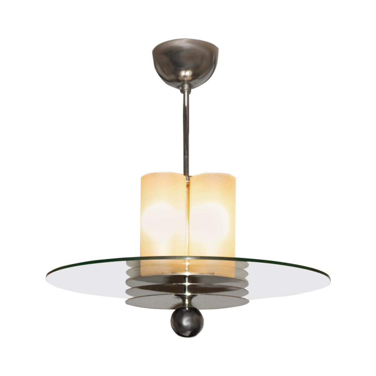 French Art Deco Bunished Nickel and Glass Pendant Light Fixture