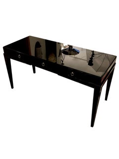 French Art Deco Bureau Desk with Three-Thin Drawers in Black Piano Lacquer
