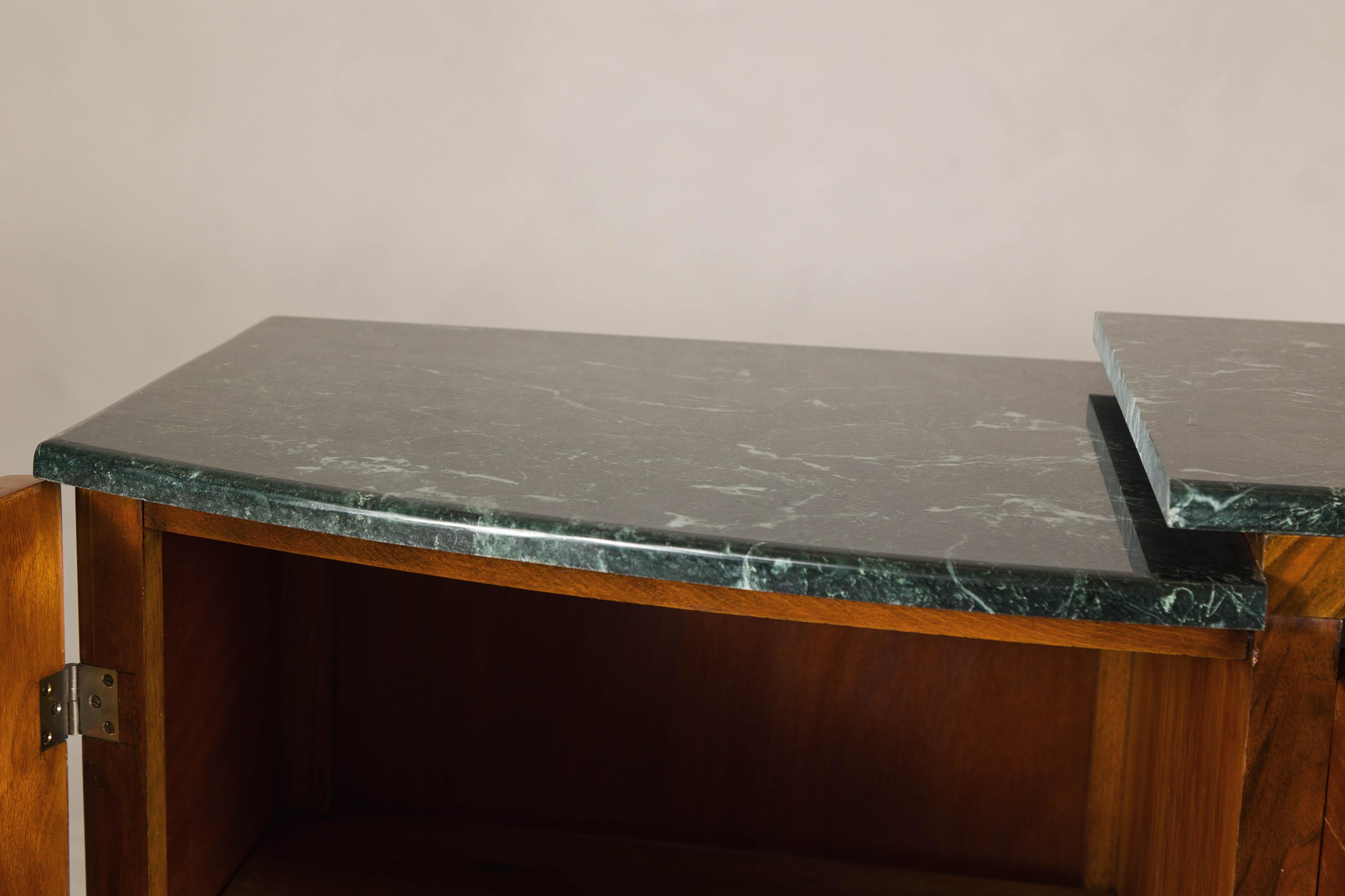 French Art Deco Burl Walnut Buffet with Green Marble Top and Shelved Interior For Sale 4
