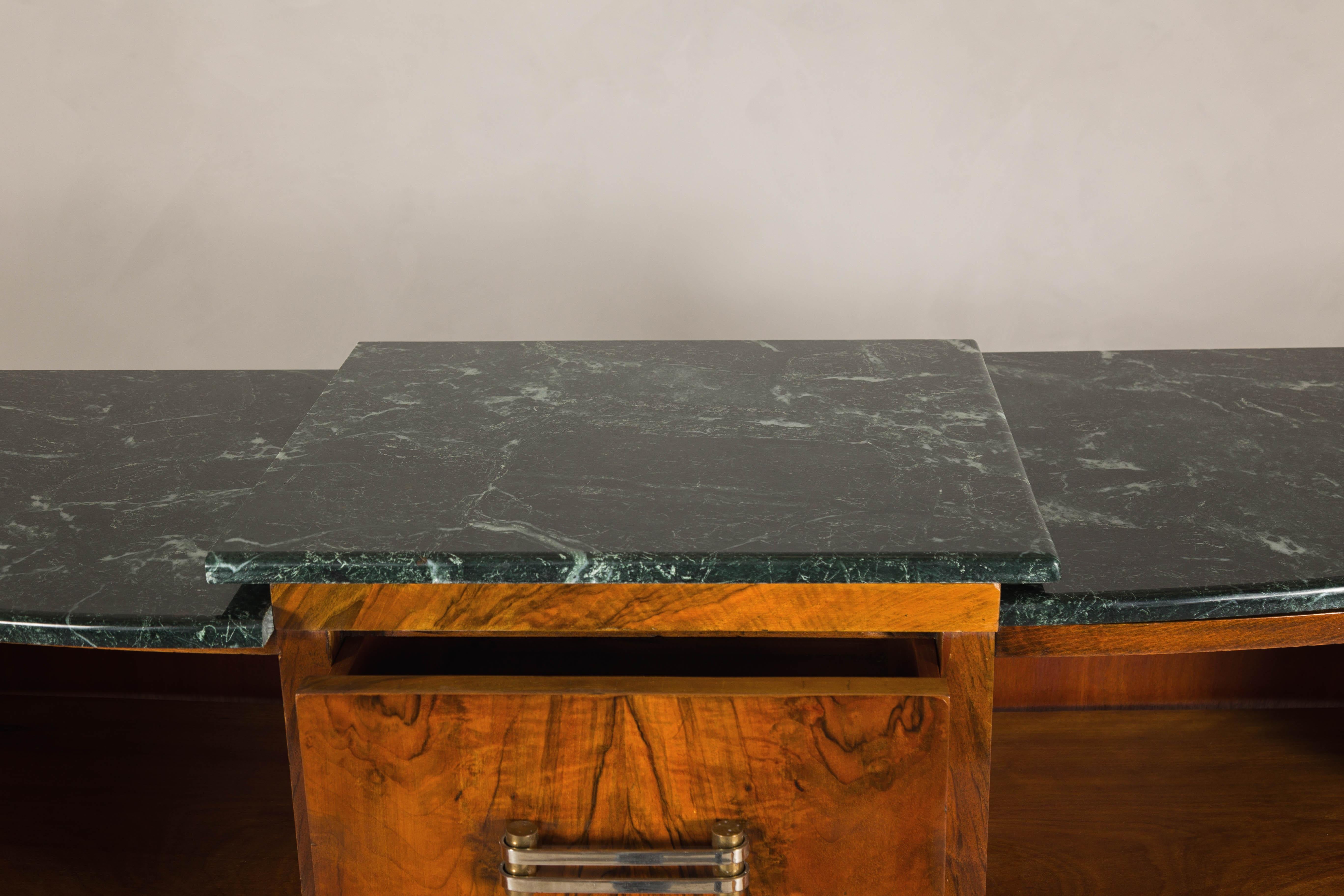 French Art Deco Burl Walnut Buffet with Green Marble Top and Shelved Interior For Sale 5