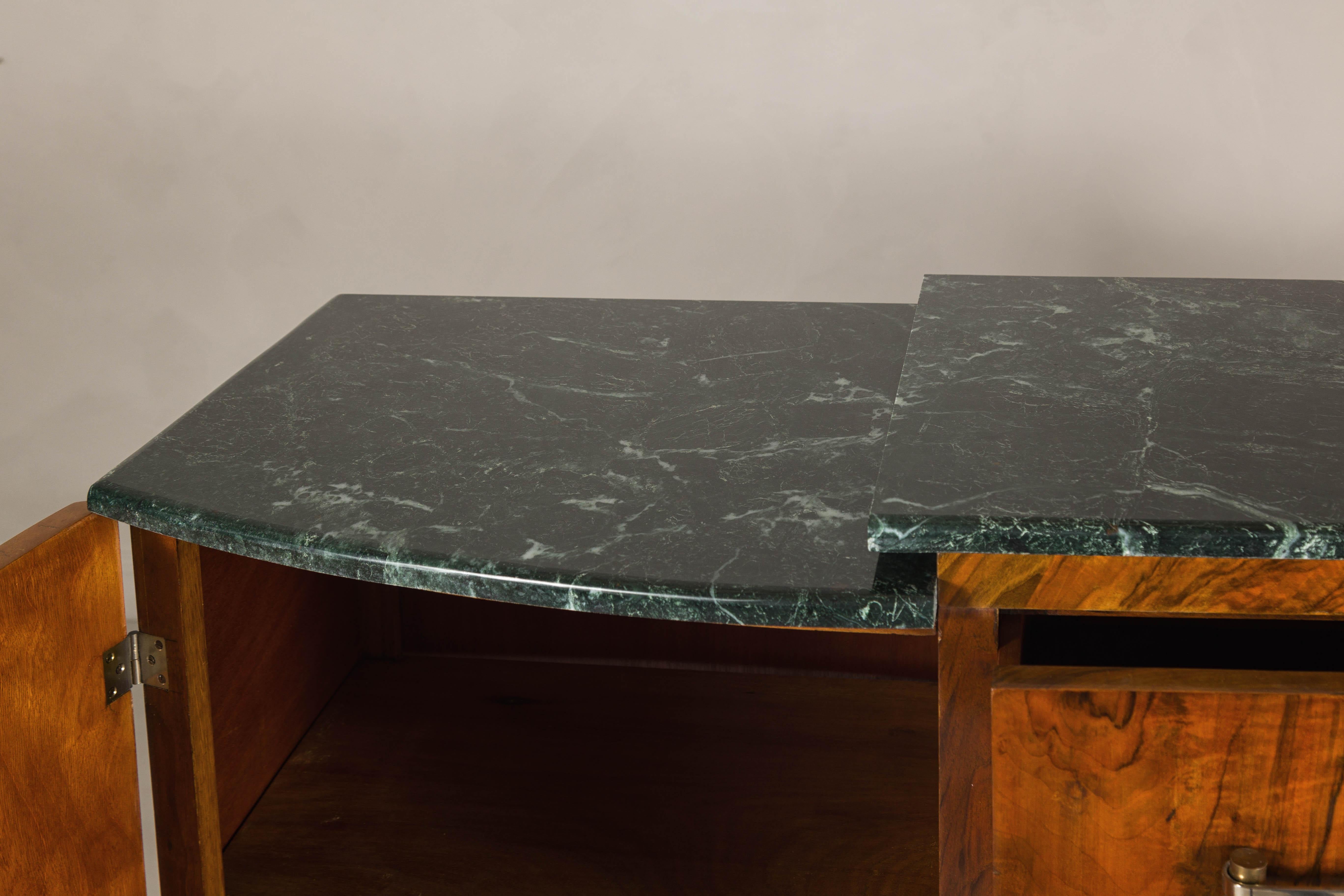 French Art Deco Burl Walnut Buffet with Green Marble Top and Shelved Interior For Sale 6