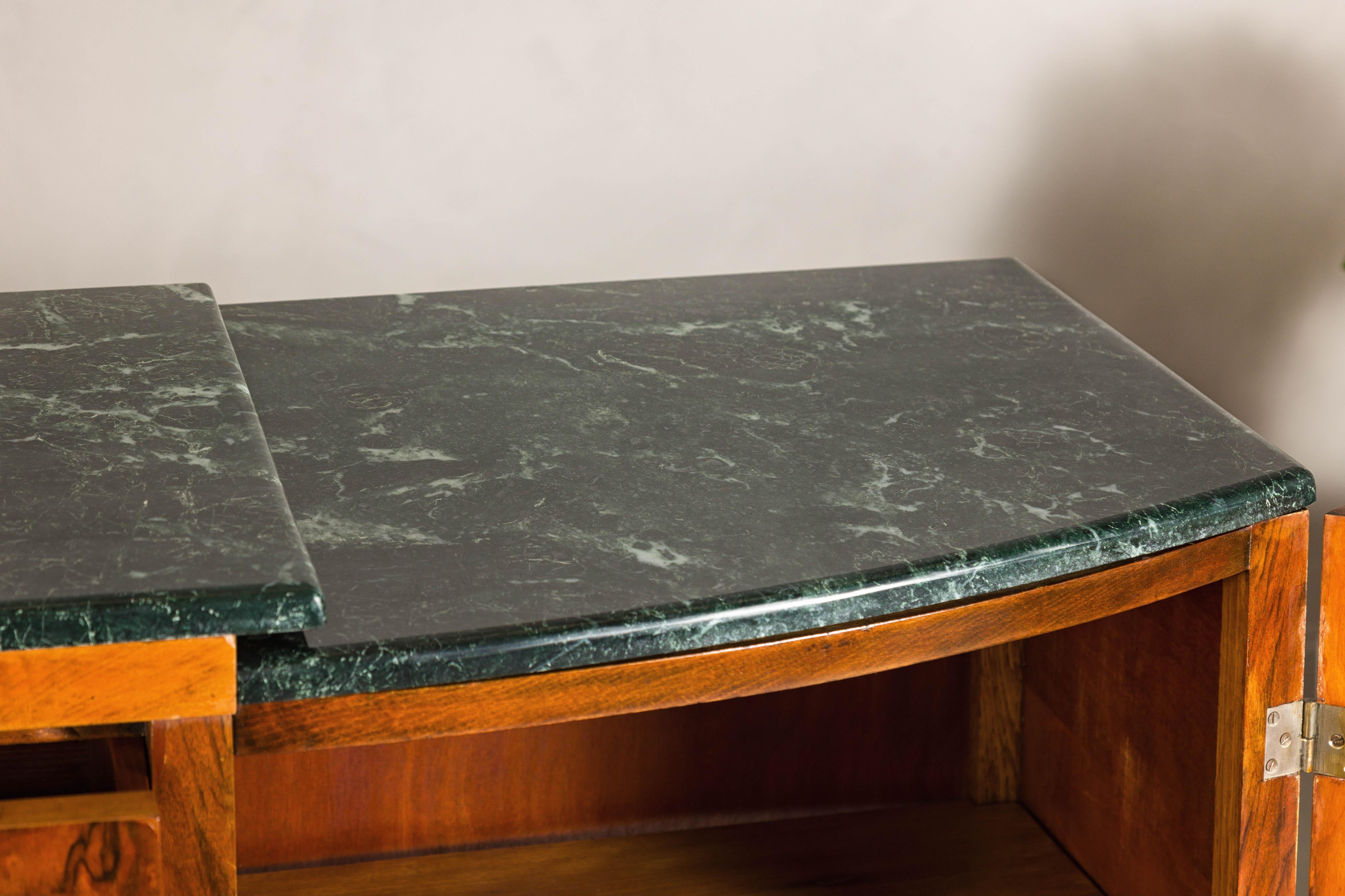 French Art Deco Burl Walnut Buffet with Green Marble Top and Shelved Interior For Sale 7