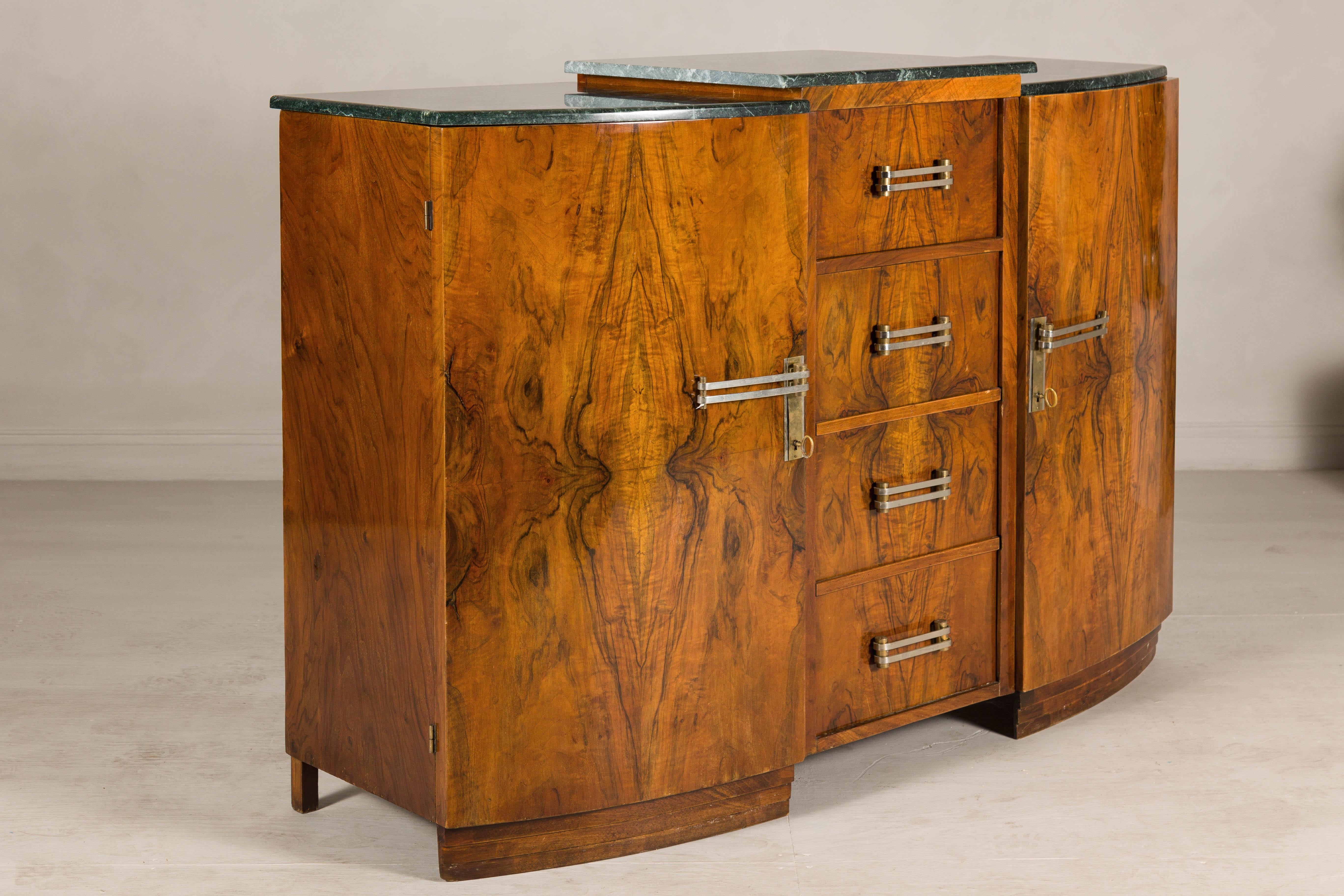 French Art Deco Burl Walnut Buffet with Green Marble Top and Shelved Interior For Sale 8