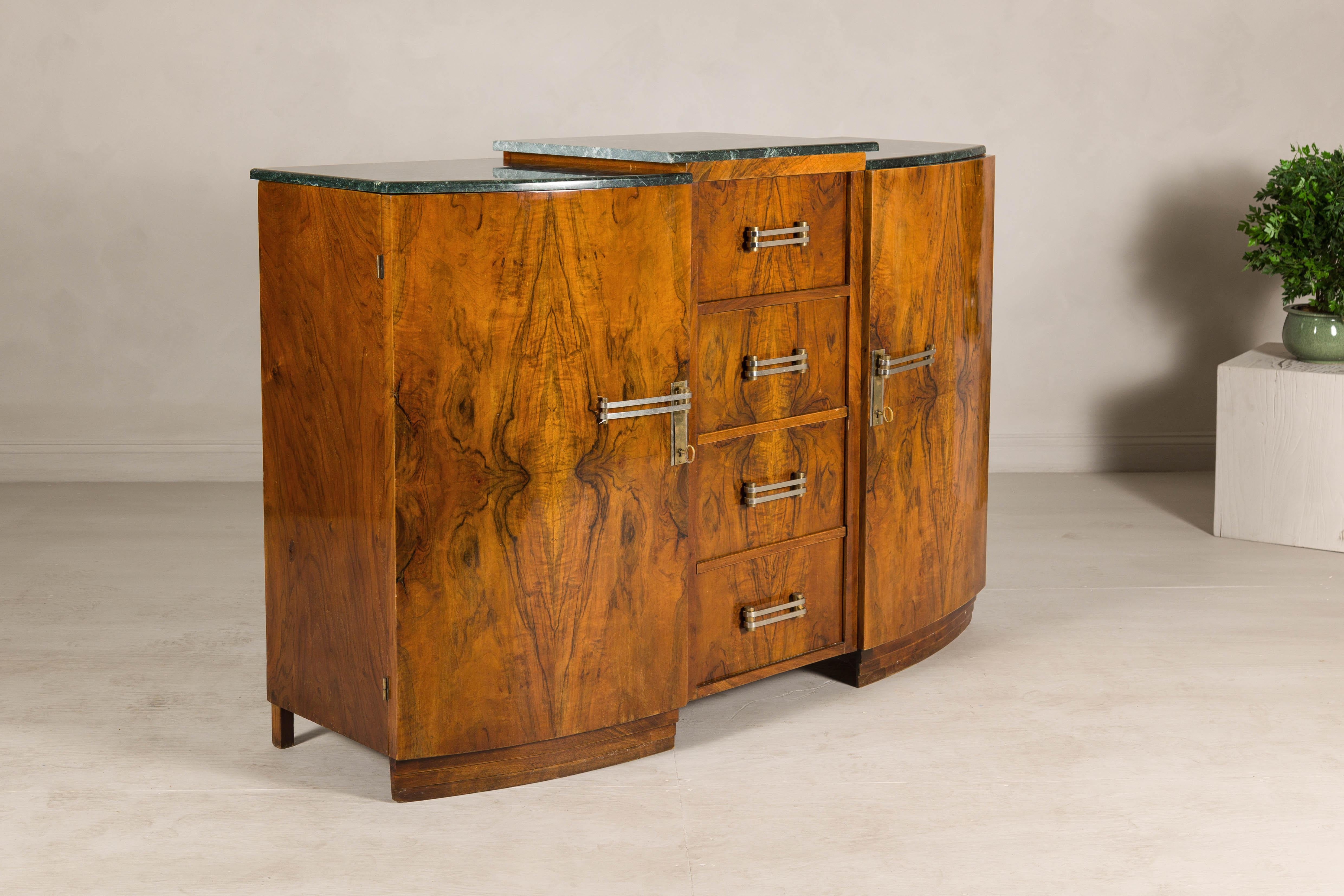French Art Deco Burl Walnut Buffet with Green Marble Top and Shelved Interior For Sale 9