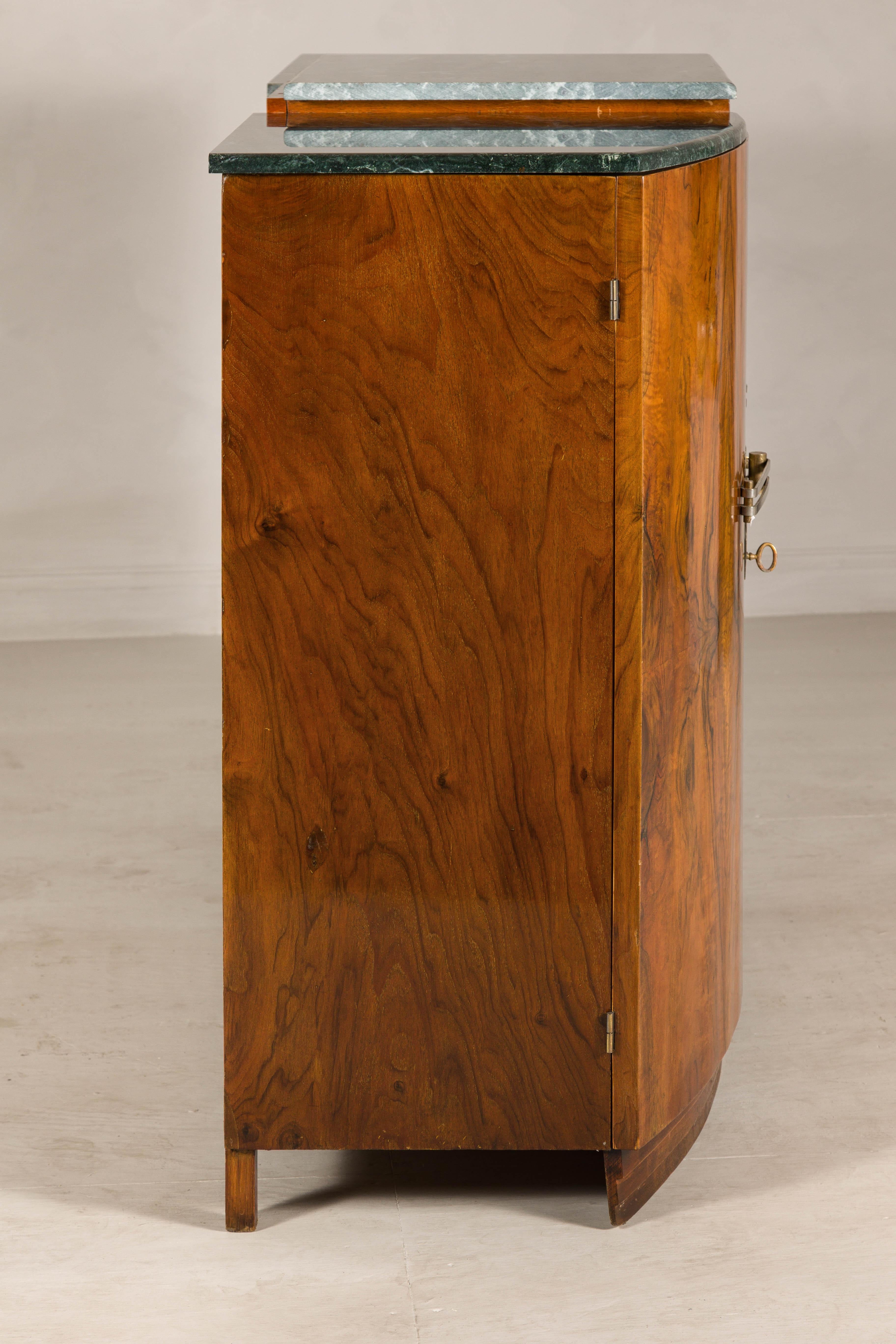 French Art Deco Burl Walnut Buffet with Green Marble Top and Shelved Interior For Sale 10