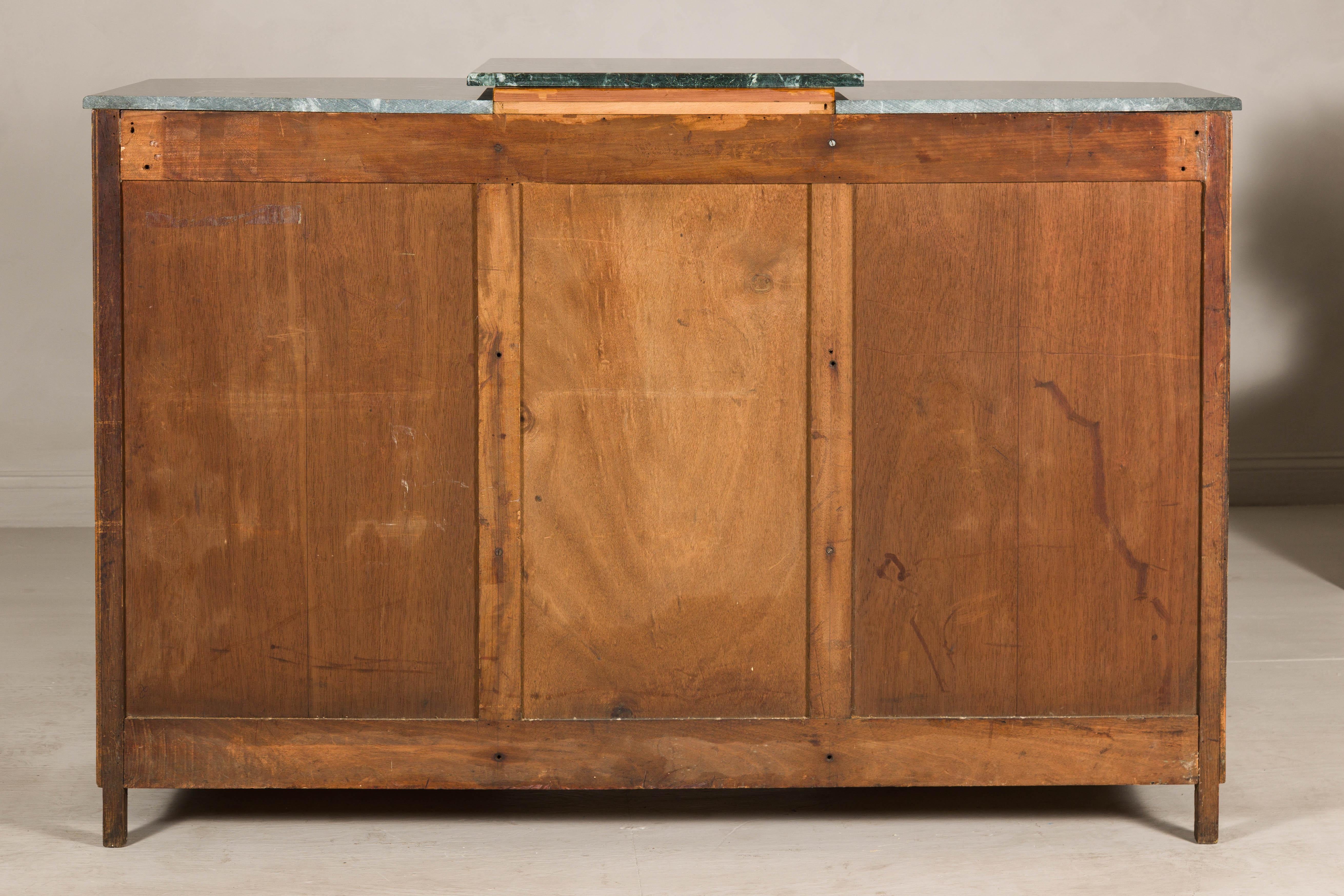 French Art Deco Burl Walnut Buffet with Green Marble Top and Shelved Interior For Sale 11