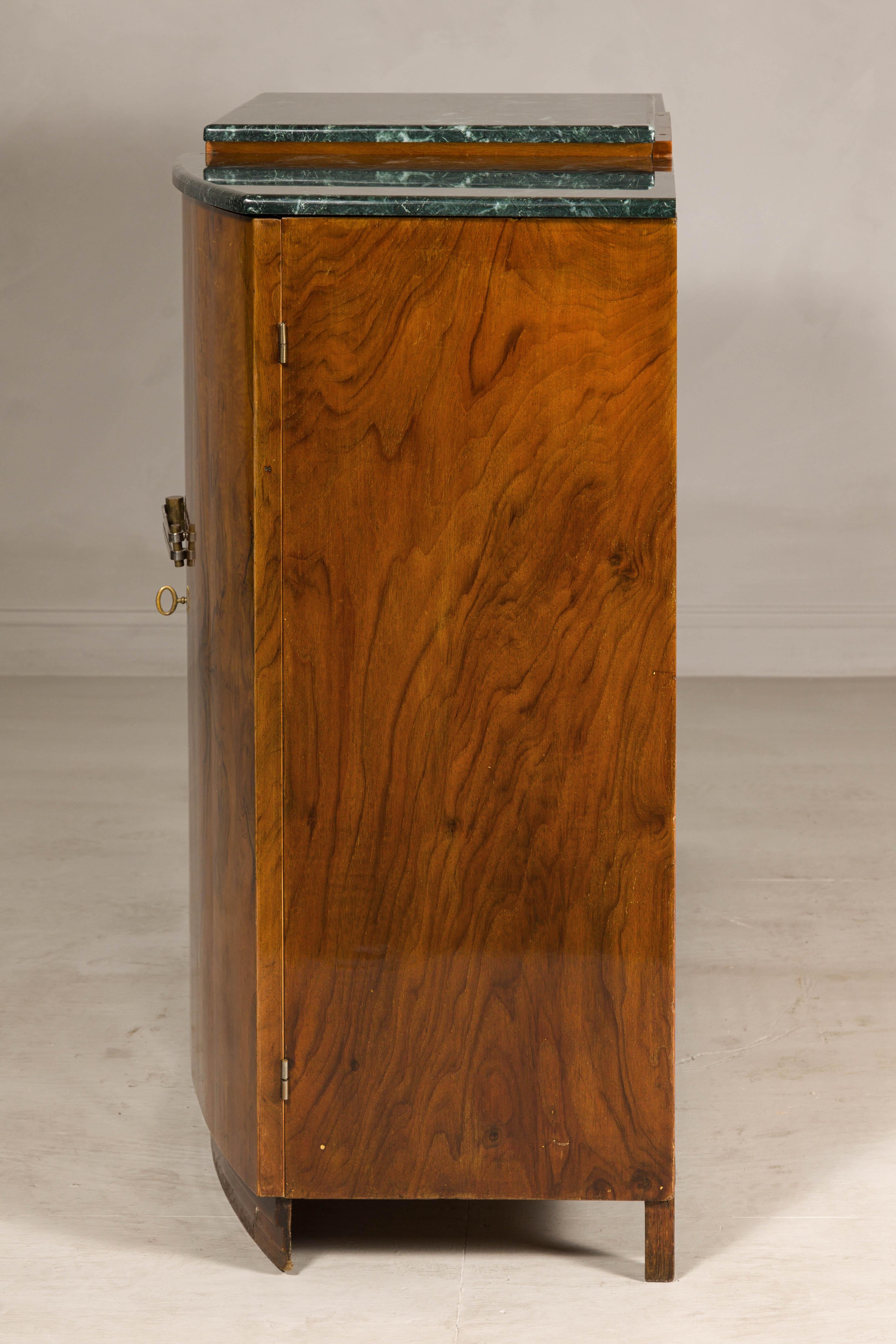 French Art Deco Burl Walnut Buffet with Green Marble Top and Shelved Interior For Sale 12