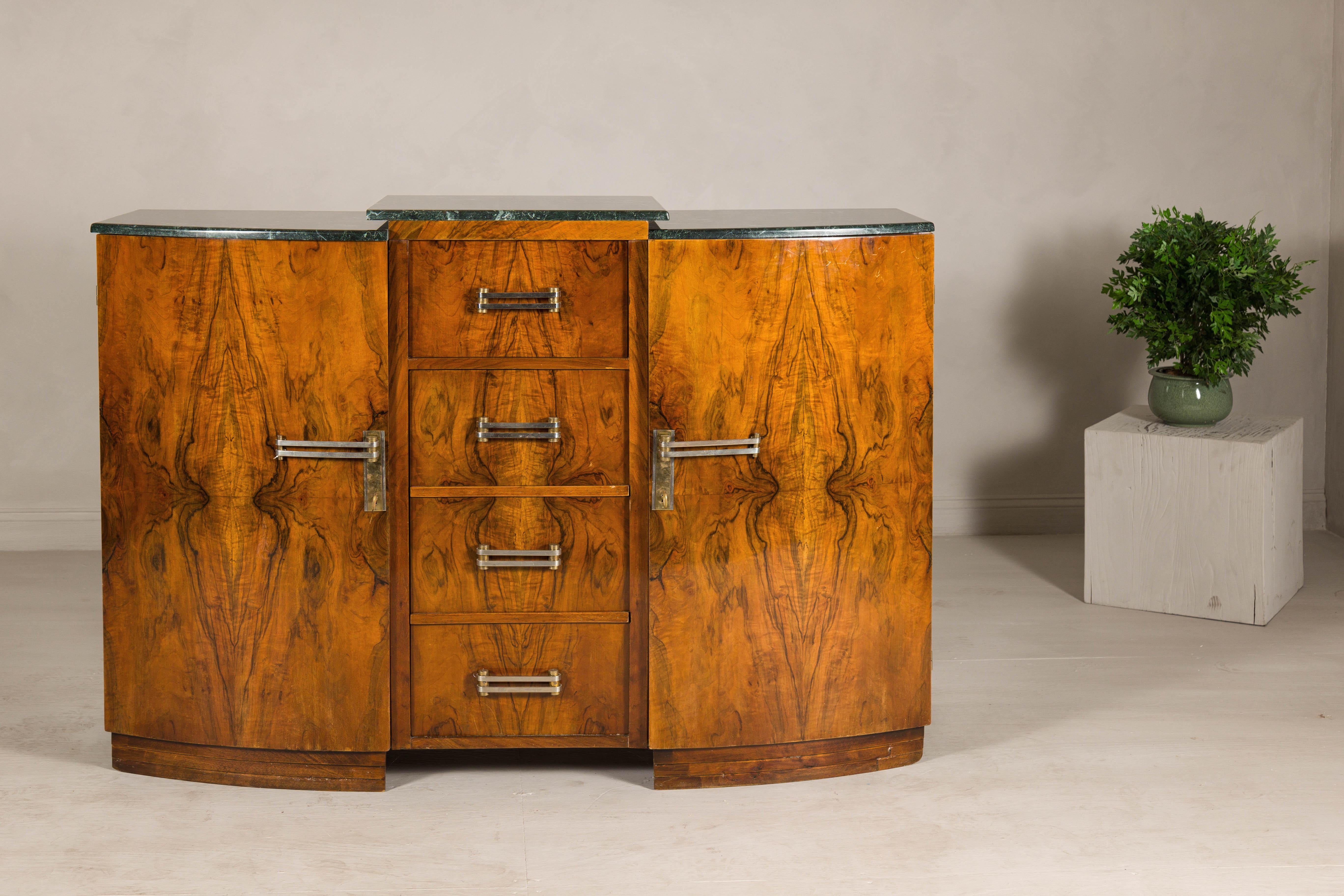 Veneer French Art Deco Burl Walnut Buffet with Green Marble Top and Shelved Interior For Sale