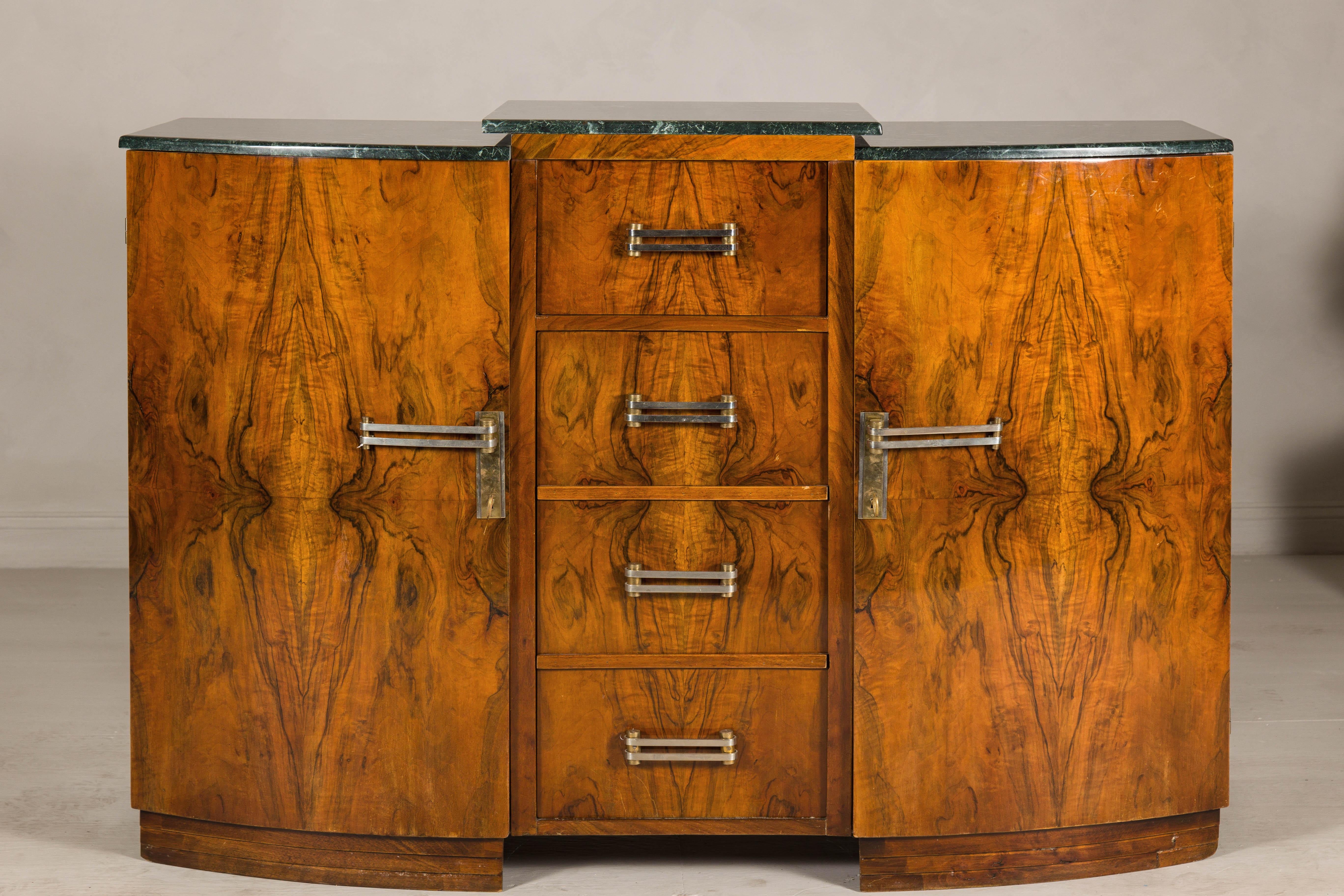 French Art Deco Burl Walnut Buffet with Green Marble Top and Shelved Interior In Good Condition For Sale In Yonkers, NY