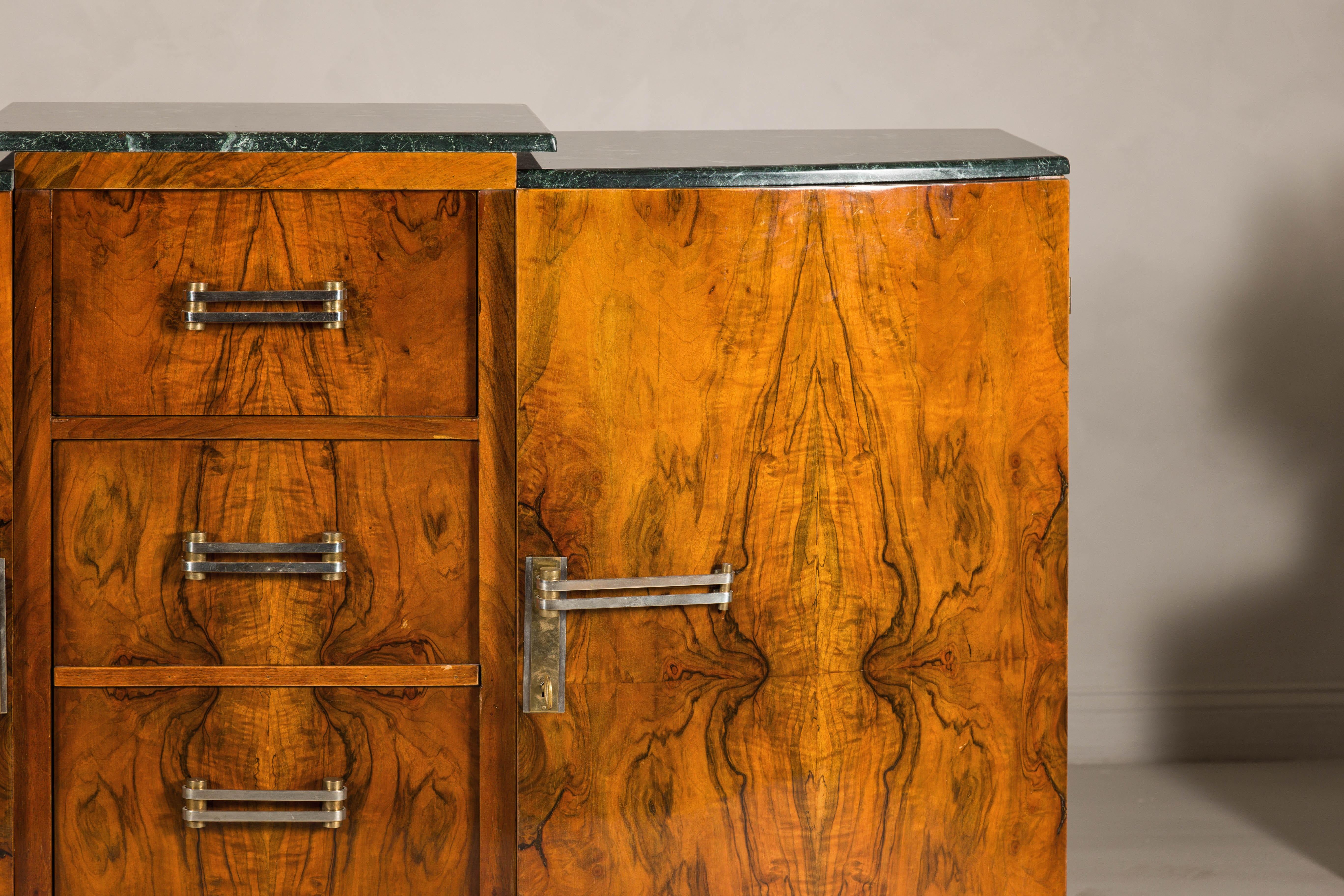 Metal French Art Deco Burl Walnut Buffet with Green Marble Top and Shelved Interior For Sale