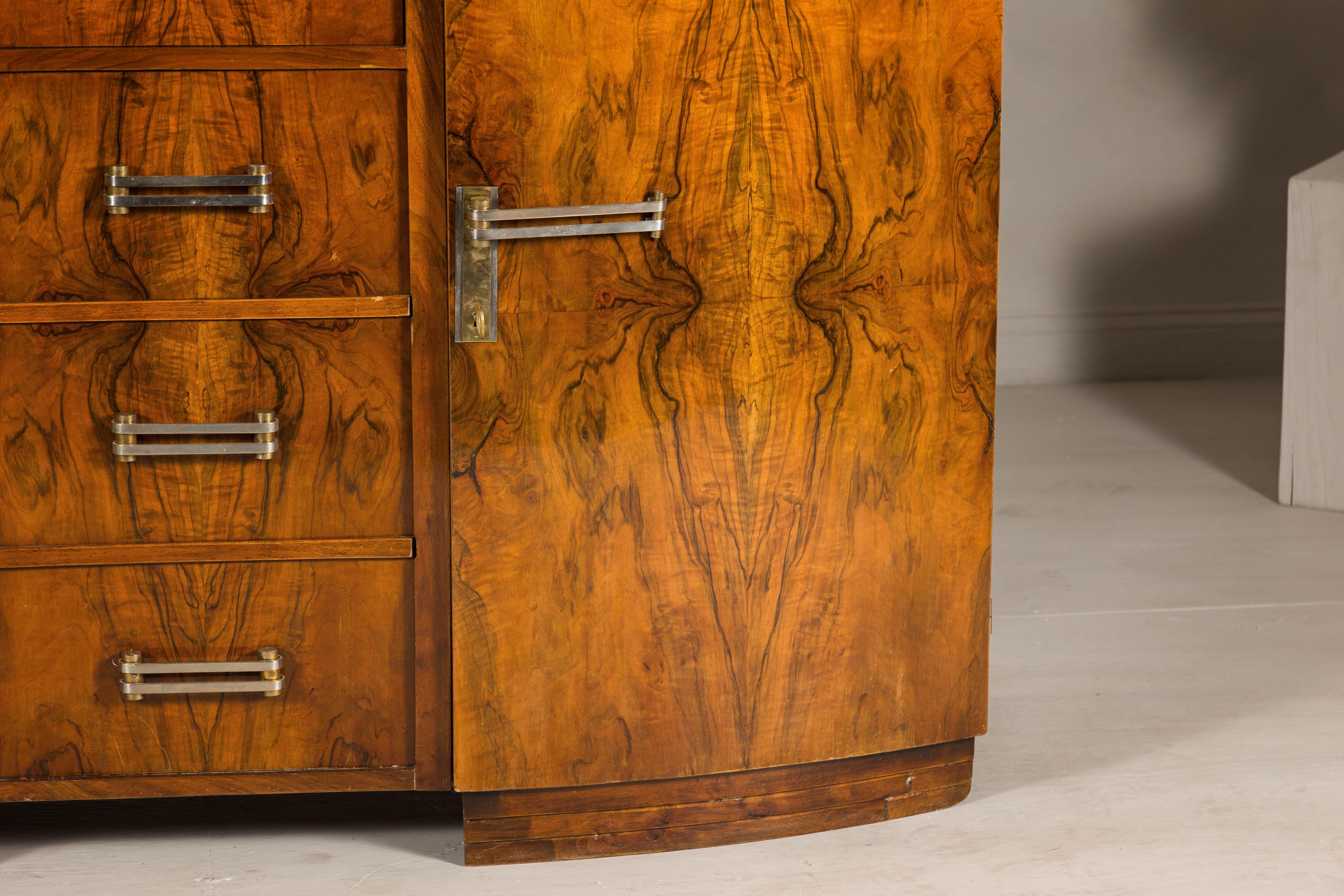 French Art Deco Burl Walnut Buffet with Green Marble Top and Shelved Interior For Sale 1