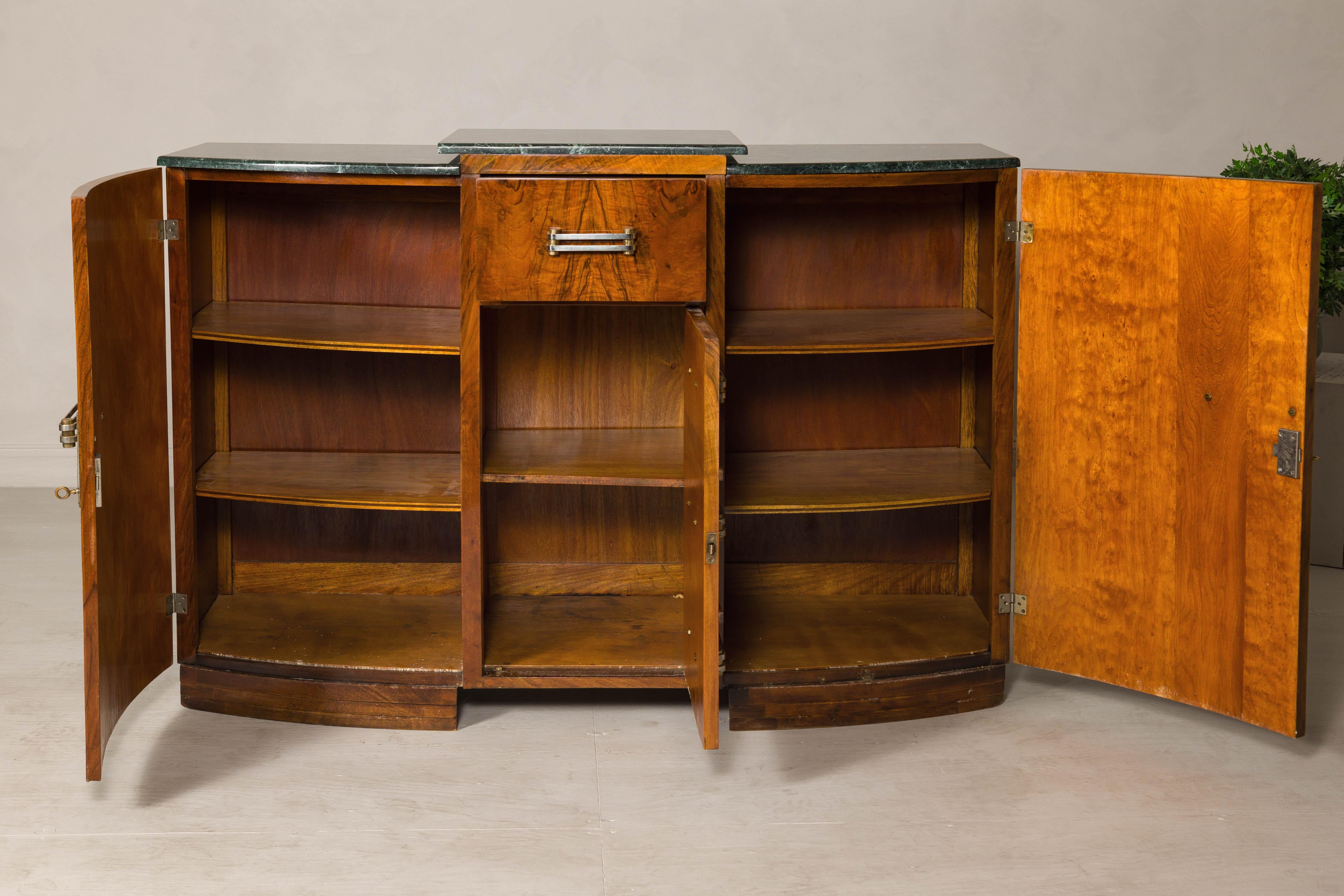 French Art Deco Burl Walnut Buffet with Green Marble Top and Shelved Interior For Sale 3