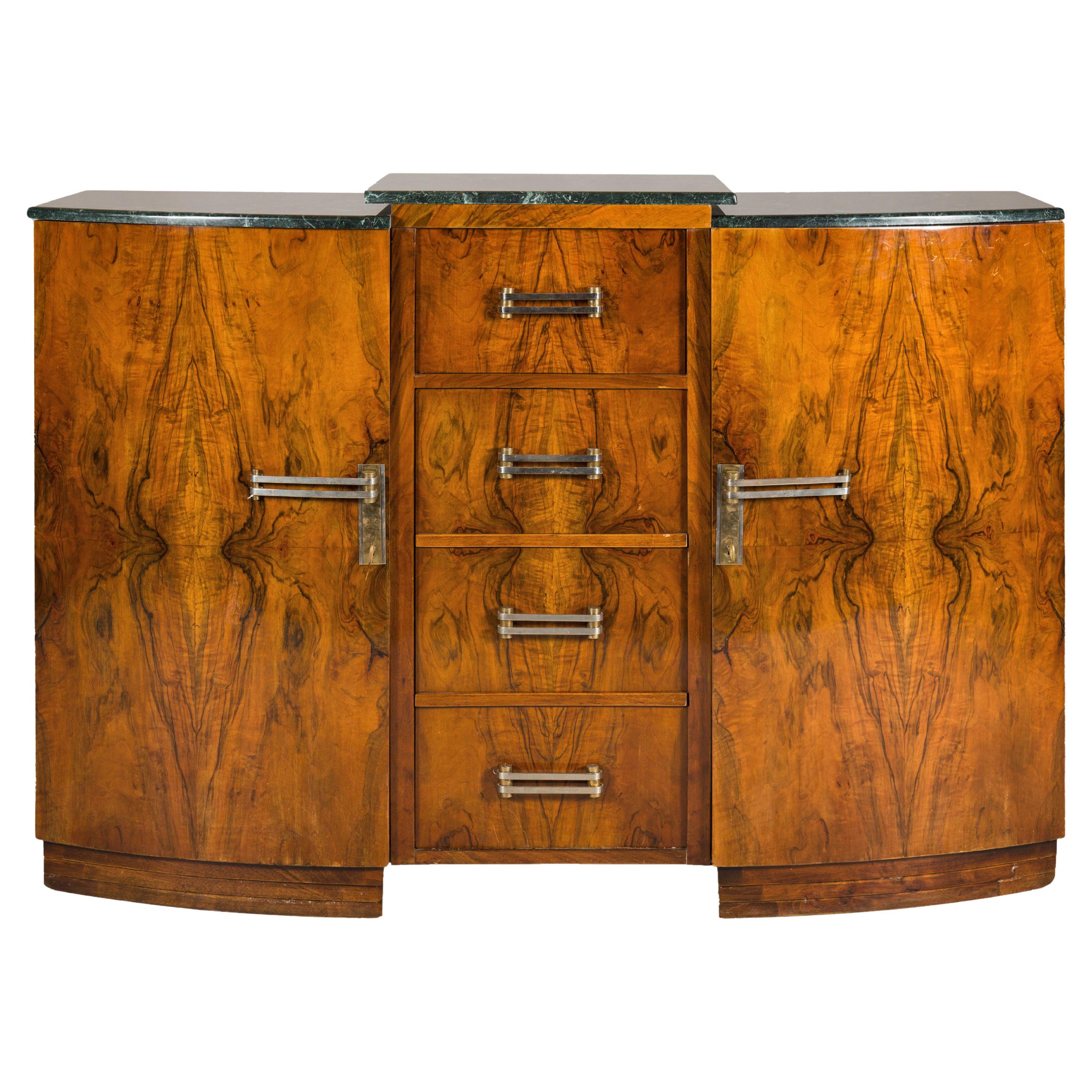 French Art Deco Burl Walnut Buffet with Green Marble Top and Shelved Interior For Sale