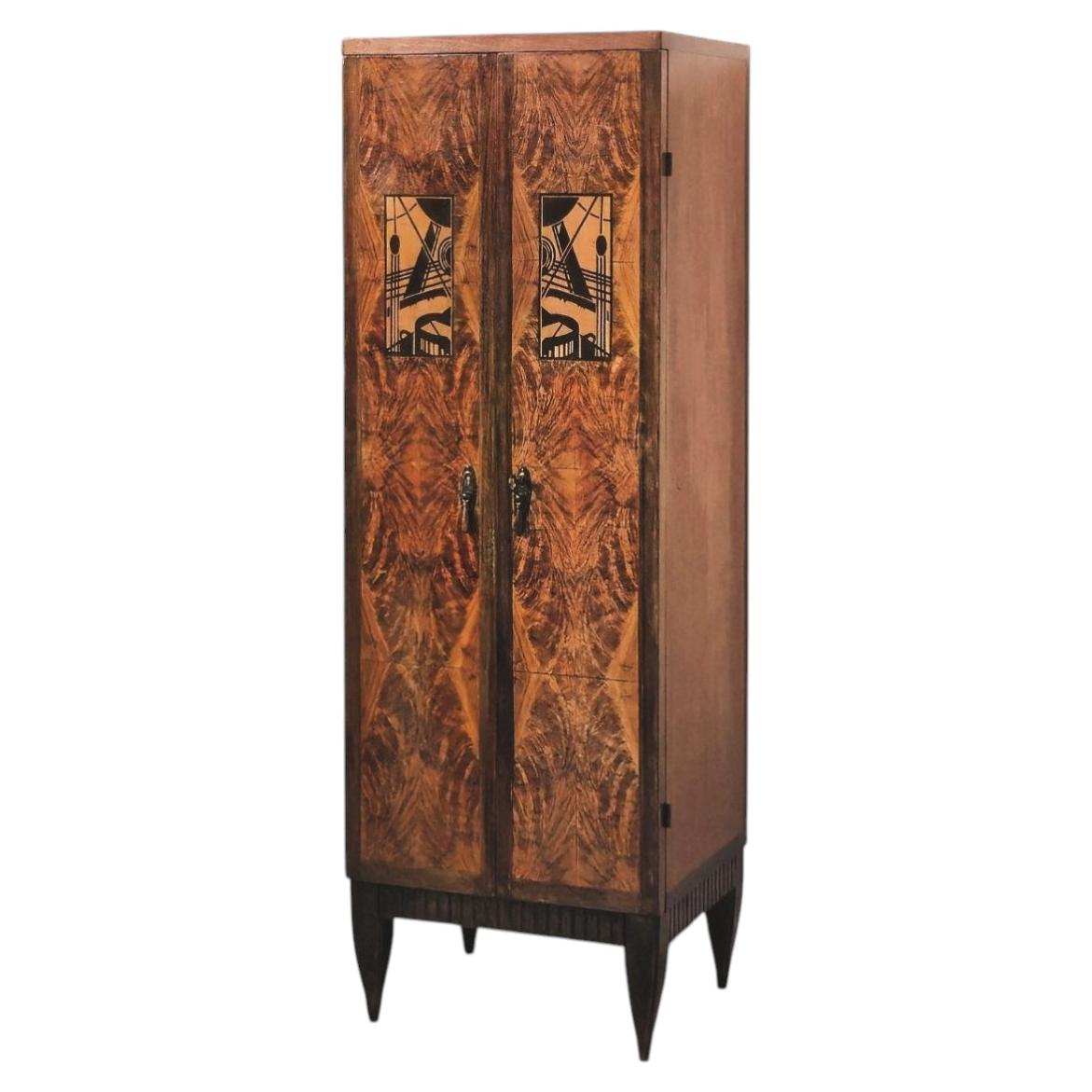French Art Deco Burl Walnut Cabinet with Geometric Marquetry, france 1930