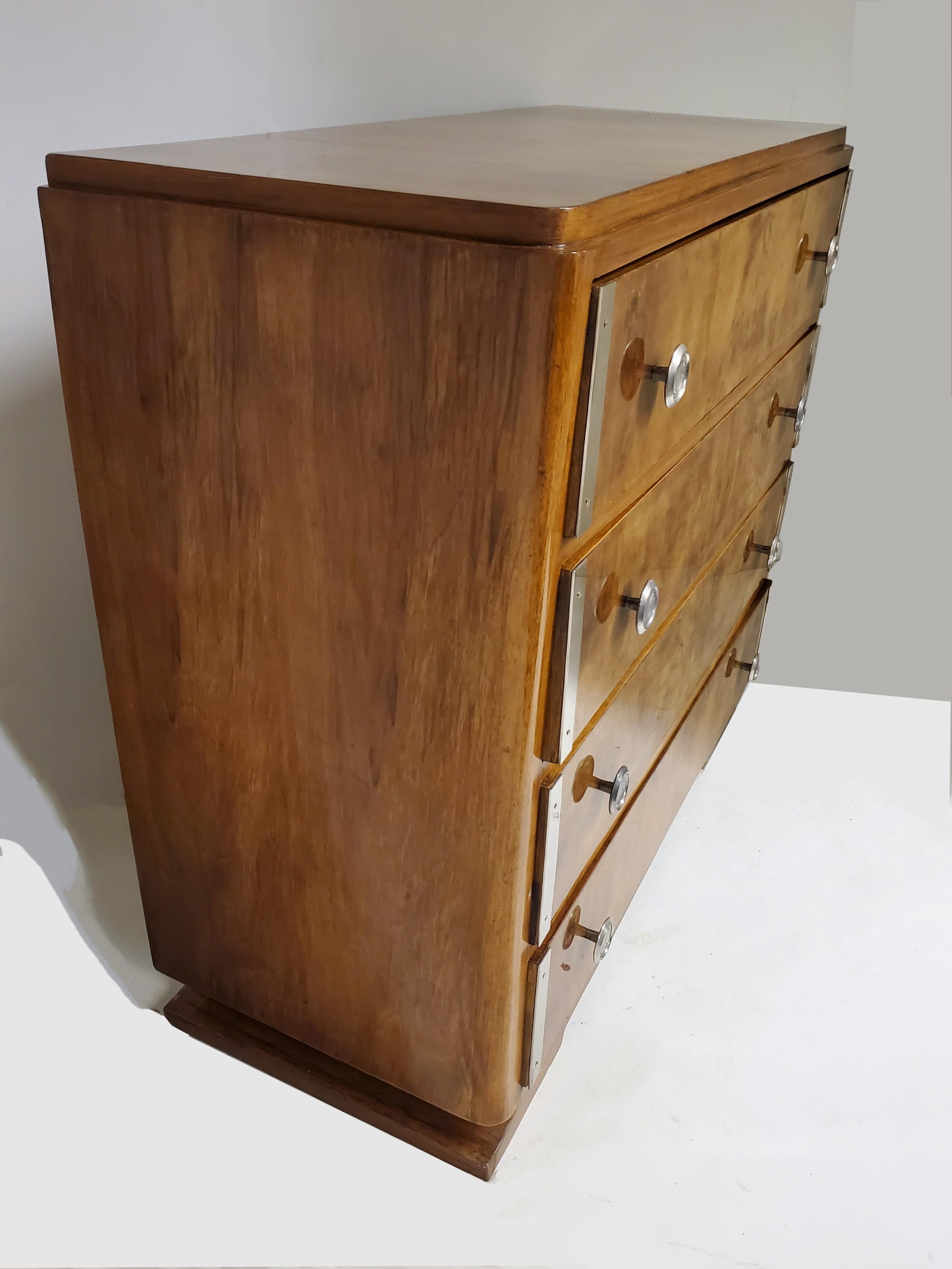 French Art Deco Burl Walnut Chest of 4 Drawers with Polished Nickel Hardware For Sale 9