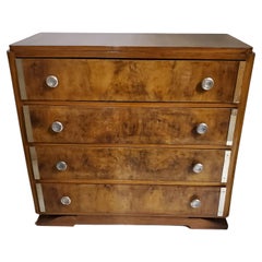 French Art Deco Burl Walnut Chest of 4 Drawers with Polished Nickel Hardware