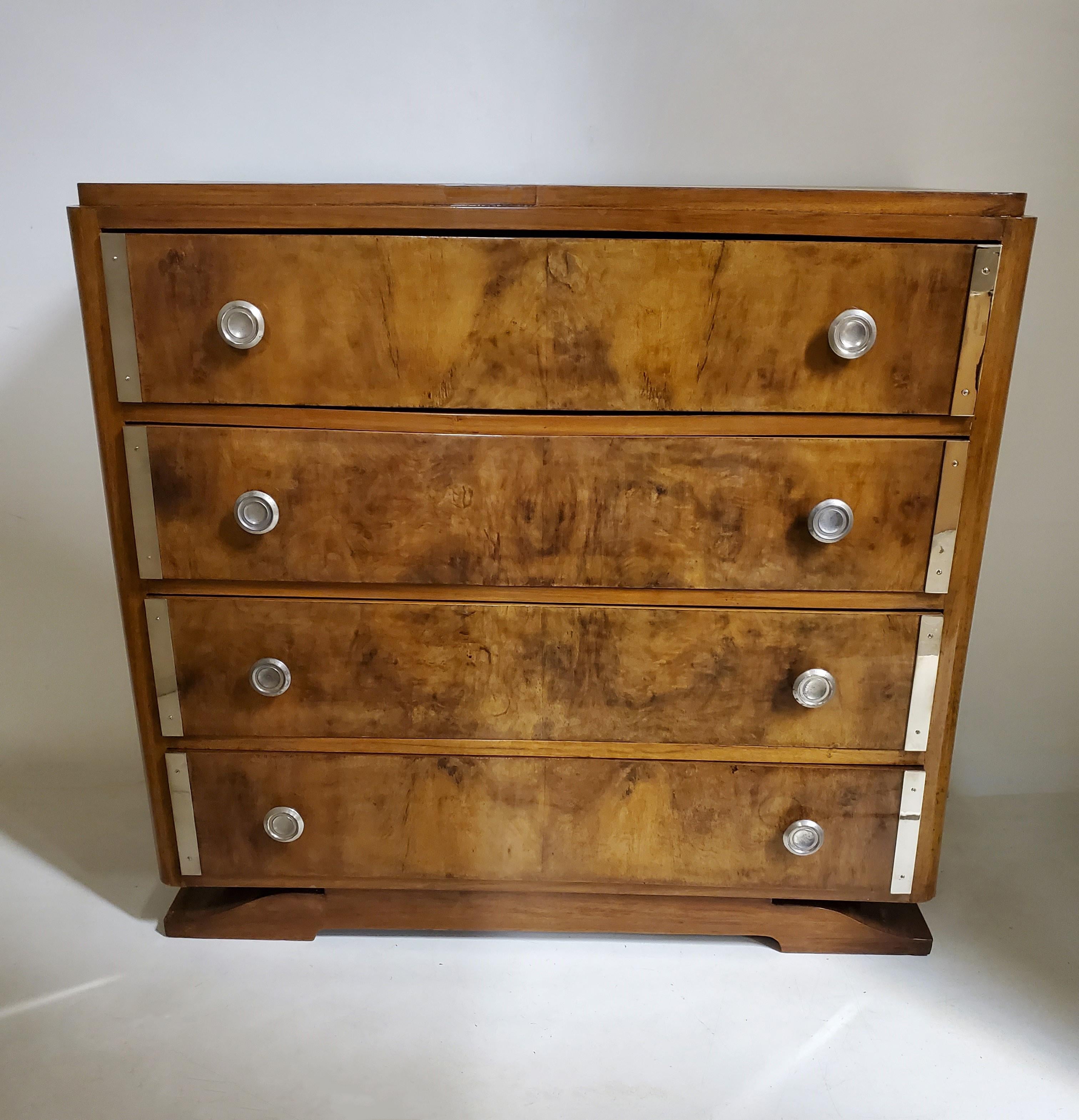 French Art Deco Burl Walnut Chest of 4 Drawers with Polished Nickel Hardware For Sale 15