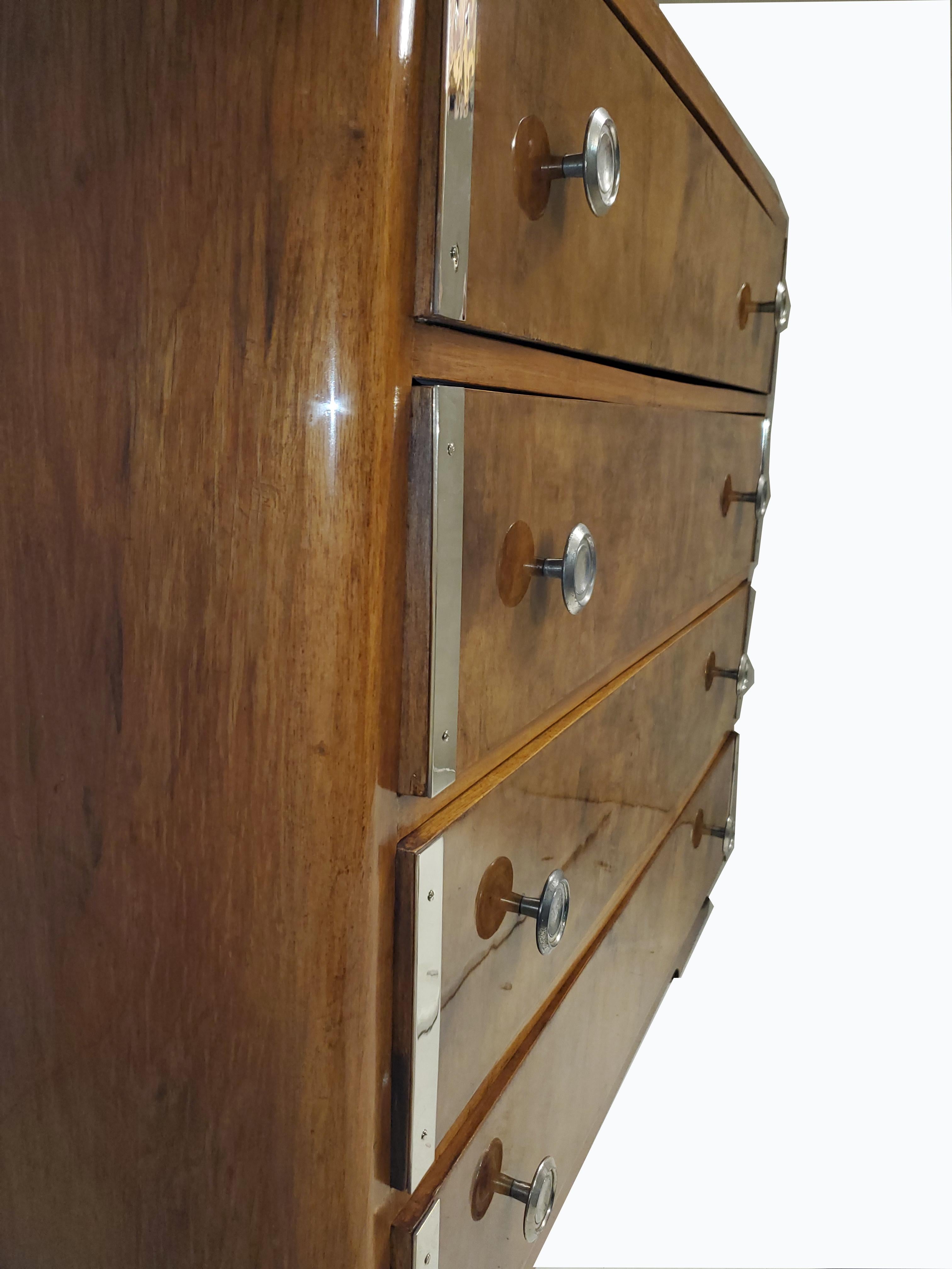 French Art Deco Burl Walnut Chest of 4 Drawers with Polished Nickel Hardware For Sale 4