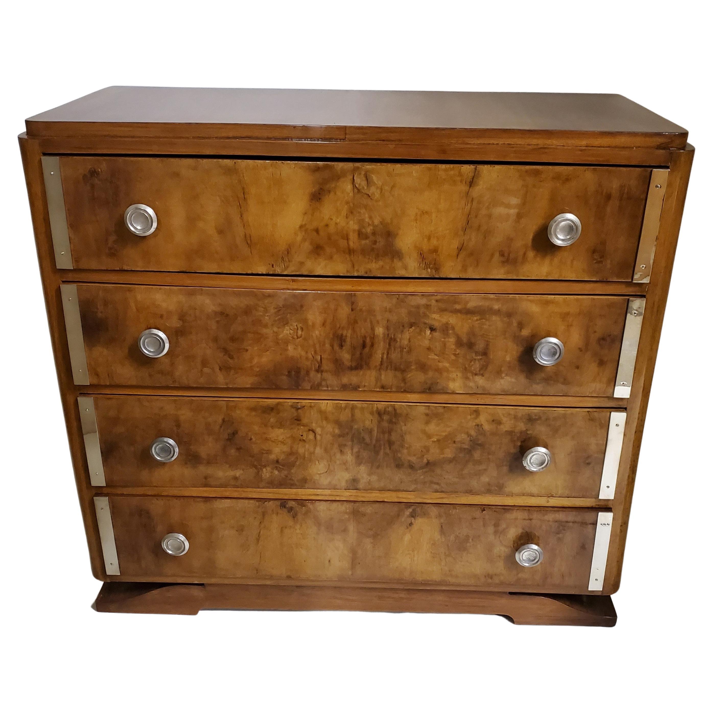 French Art Deco Burl Walnut Chest of 4 Drawers with Polished Nickel Hardware