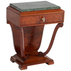 French Art Deco Burl Walnut Nightstand with Patricia Green Marble Top, 1930s