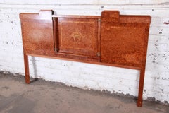 French Art Deco Burl Wood and Inlaid Marquetry King Headboard, circa 1930s
