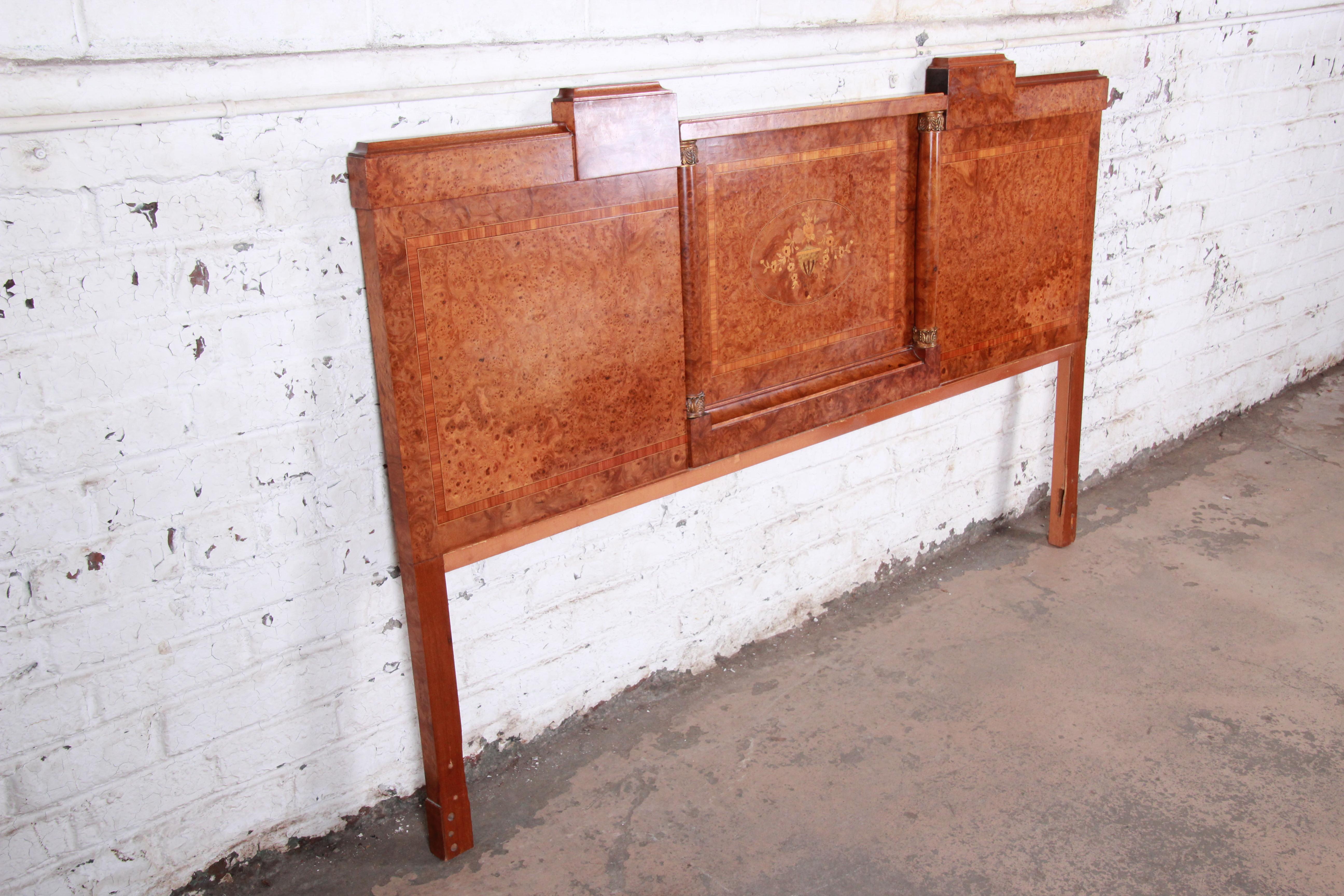 French Art Deco Burl Wood and Inlaid Marquetry King Headboard, circa 1930s In Good Condition In South Bend, IN