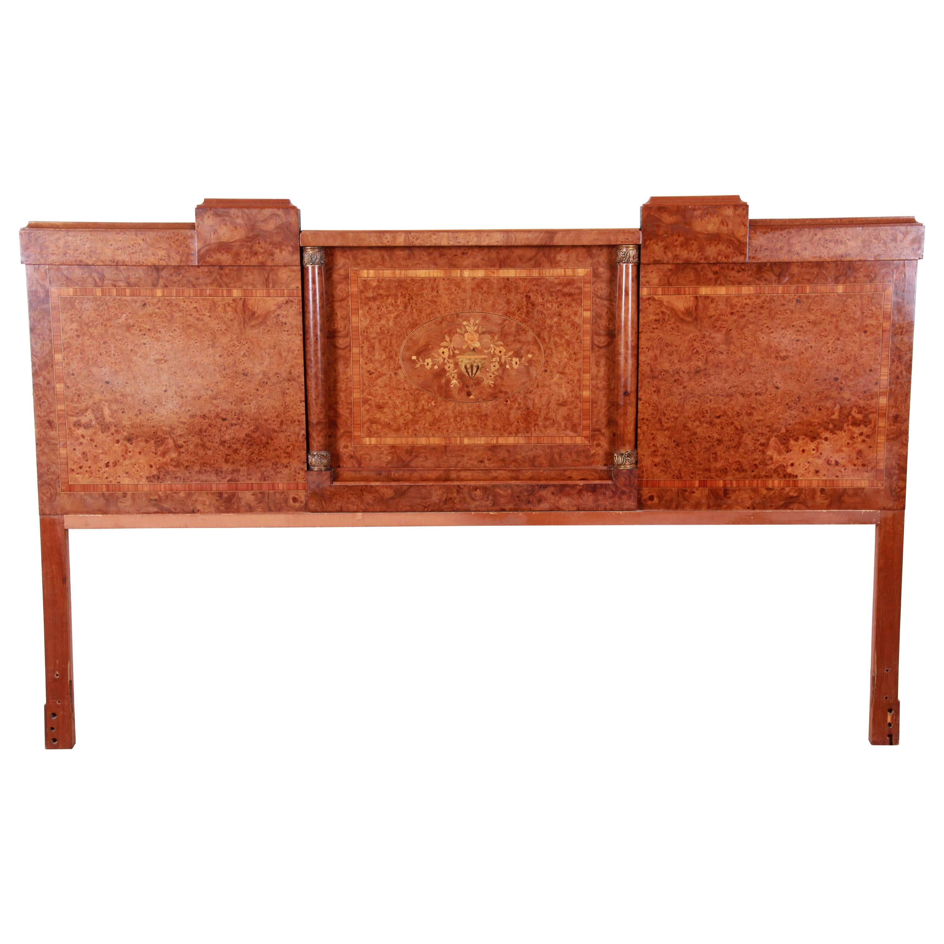 French Art Deco Burl Wood and Inlaid Marquetry King Headboard, circa 1930s