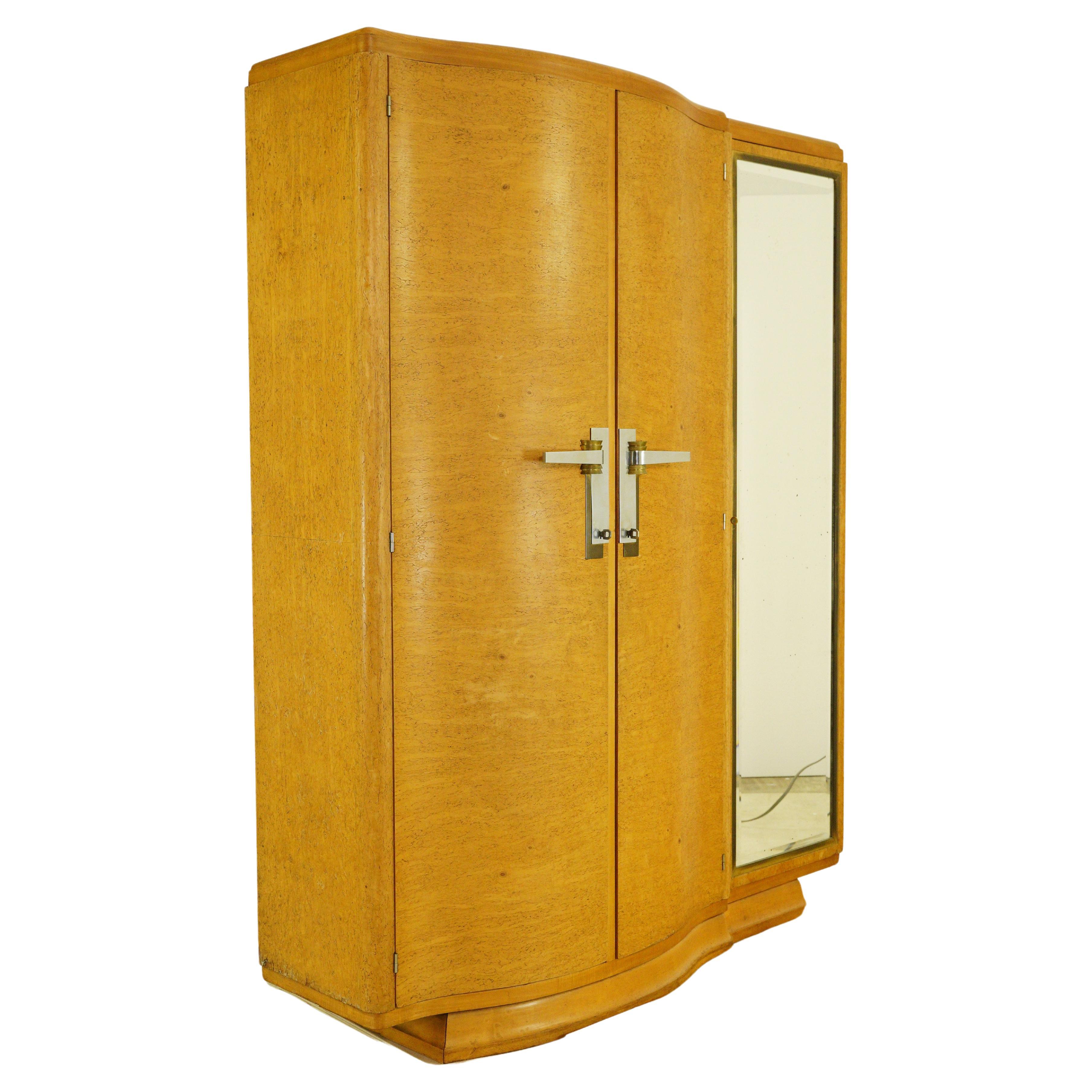 French Art Deco Burled Maple Wardrobe with Mirror