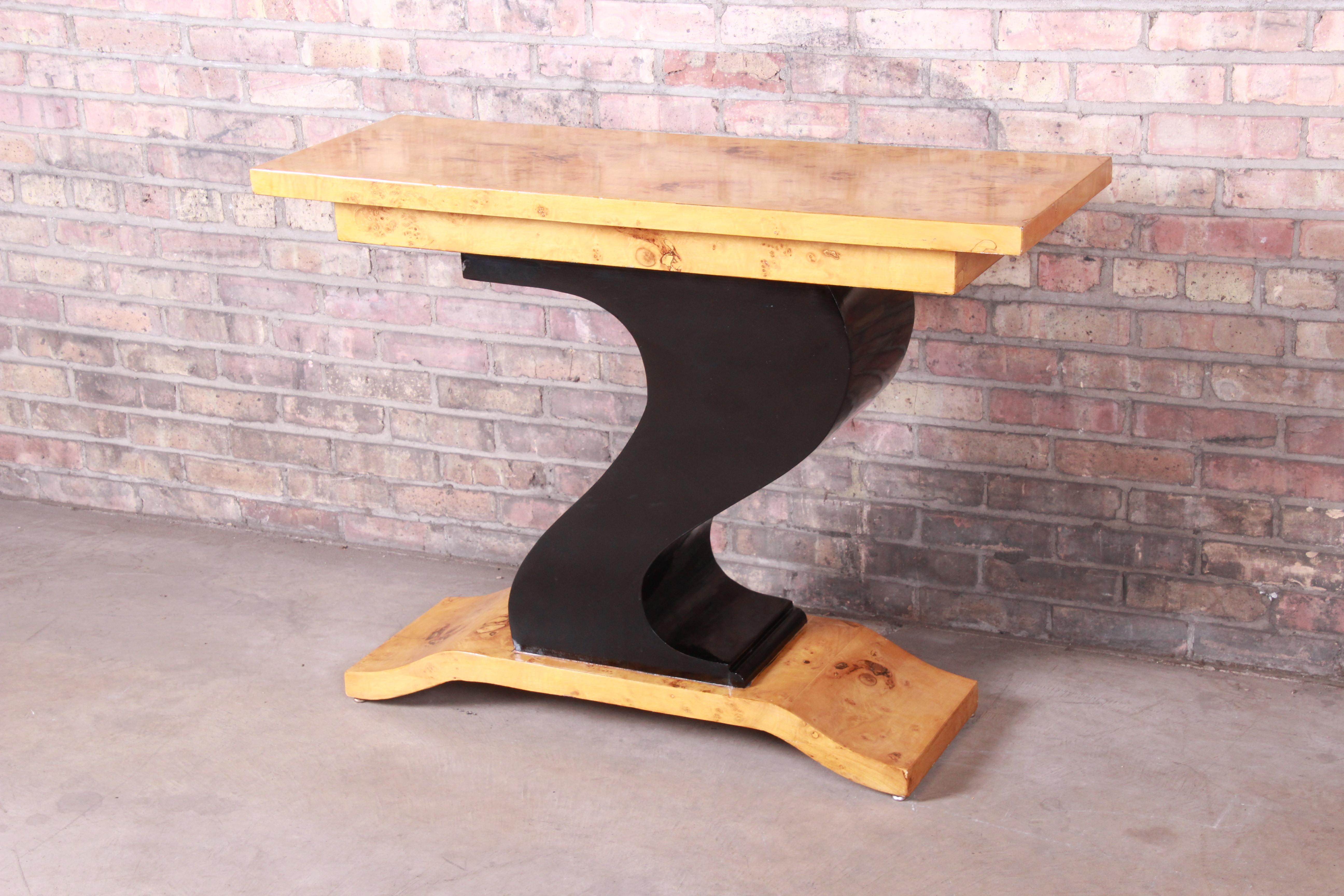 French Art Deco Burled Olive Wood and Black Lacquer Console Table, circa 1930s In Good Condition In South Bend, IN