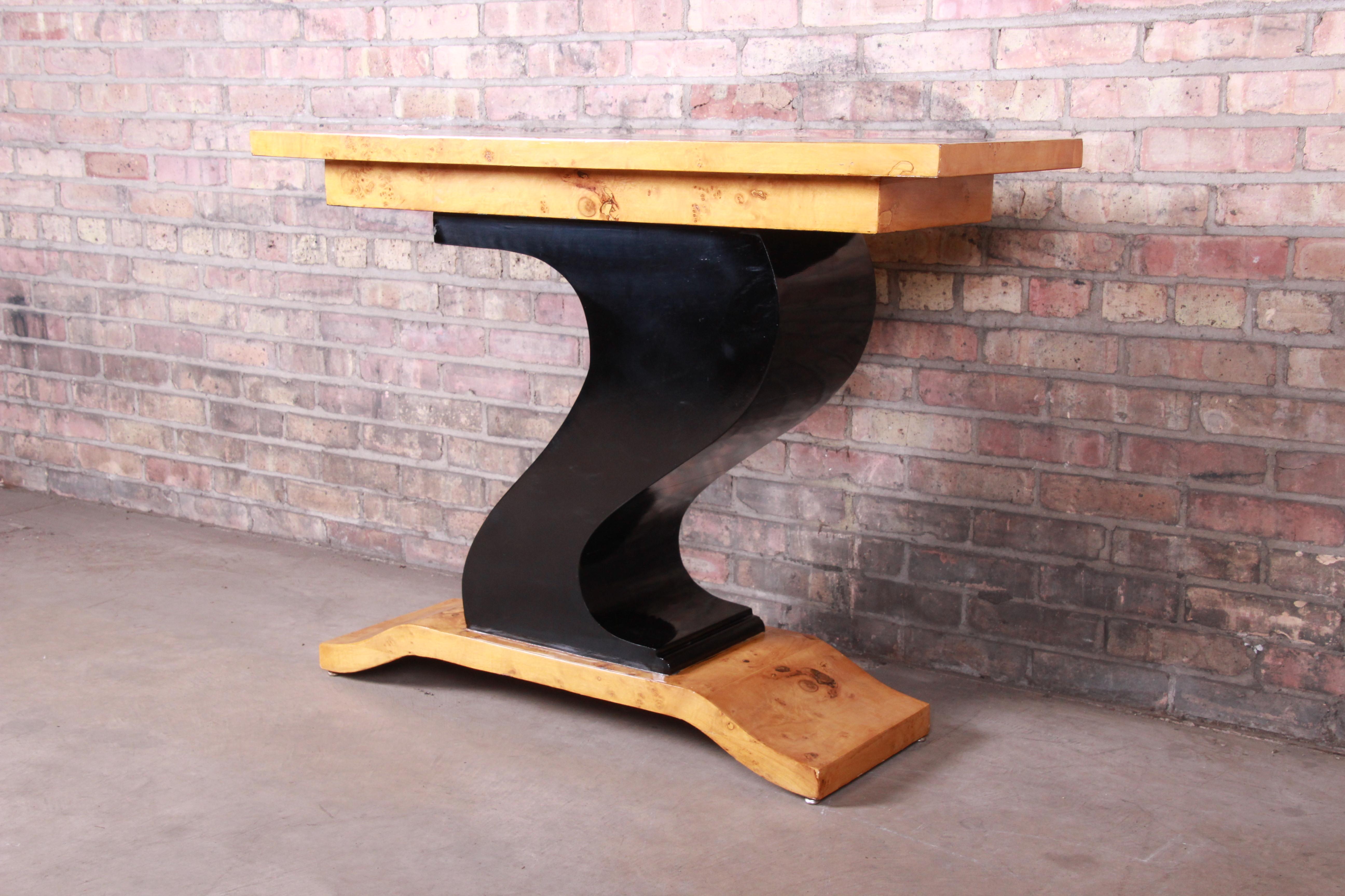 Mid-20th Century French Art Deco Burled Olive Wood and Black Lacquer Console Table, circa 1930s