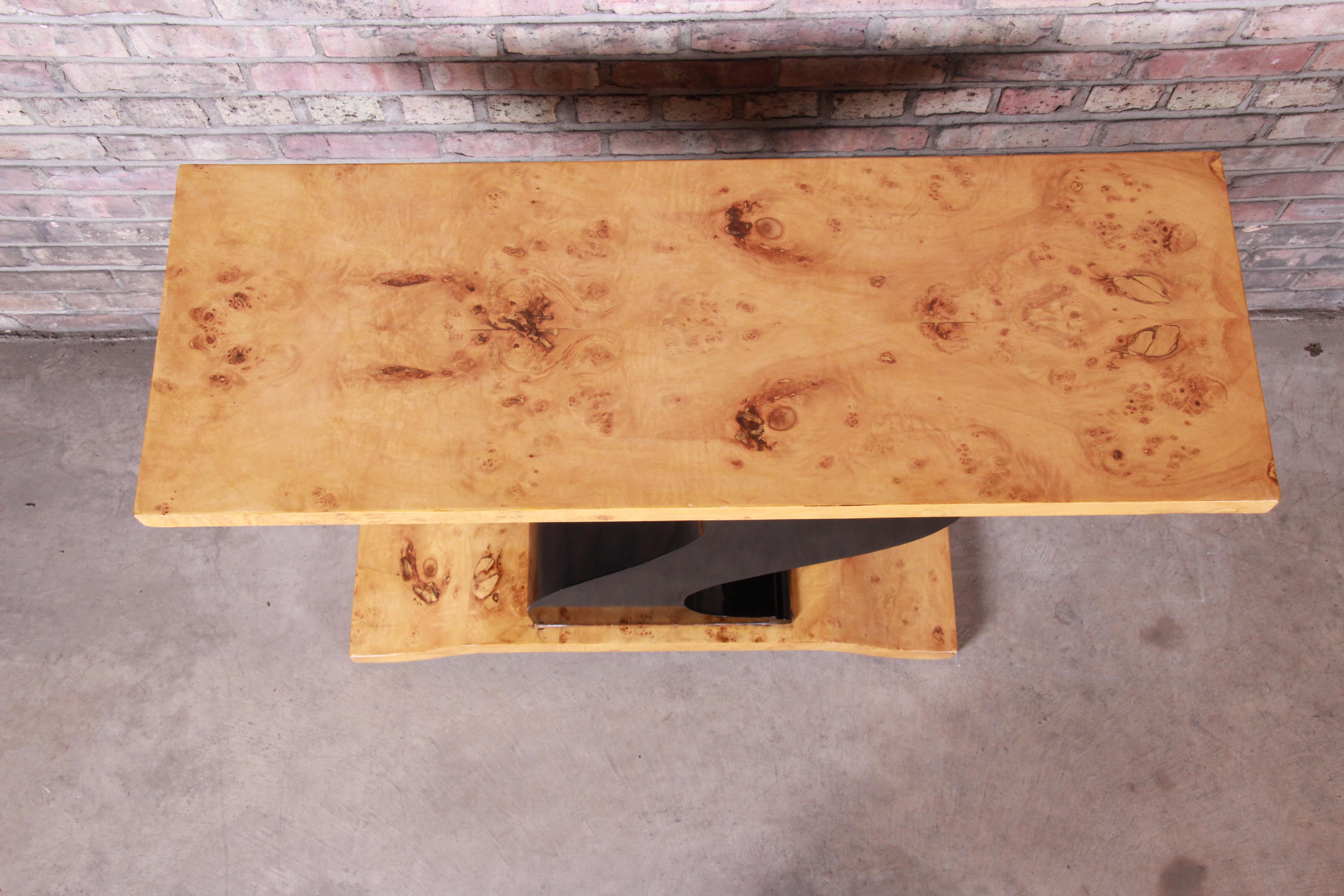 French Art Deco Burled Olive Wood and Black Lacquer Console Table, circa 1930s 3