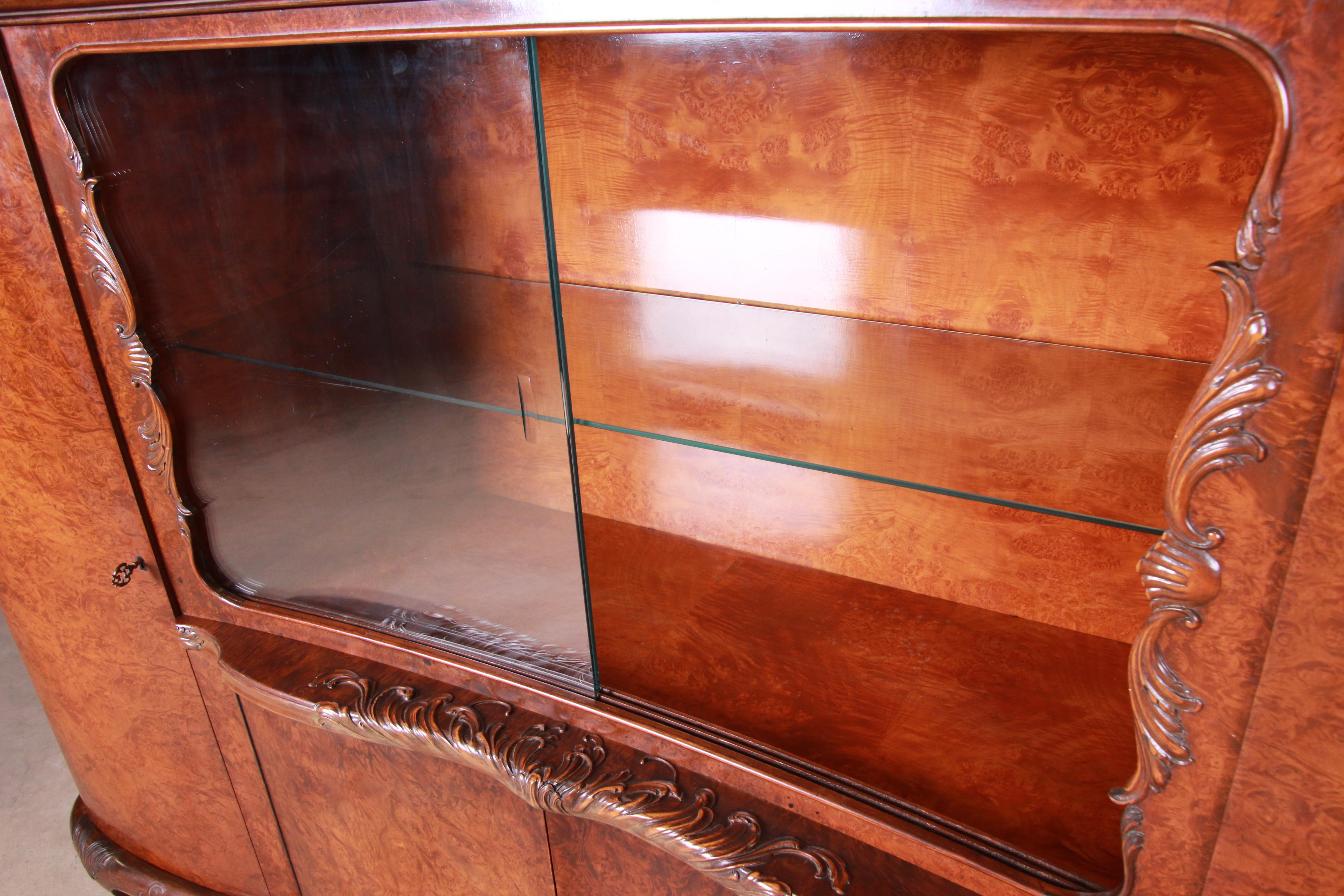 Glass French Art Deco Burled Walnut Bar Cabinet, circa 1930s