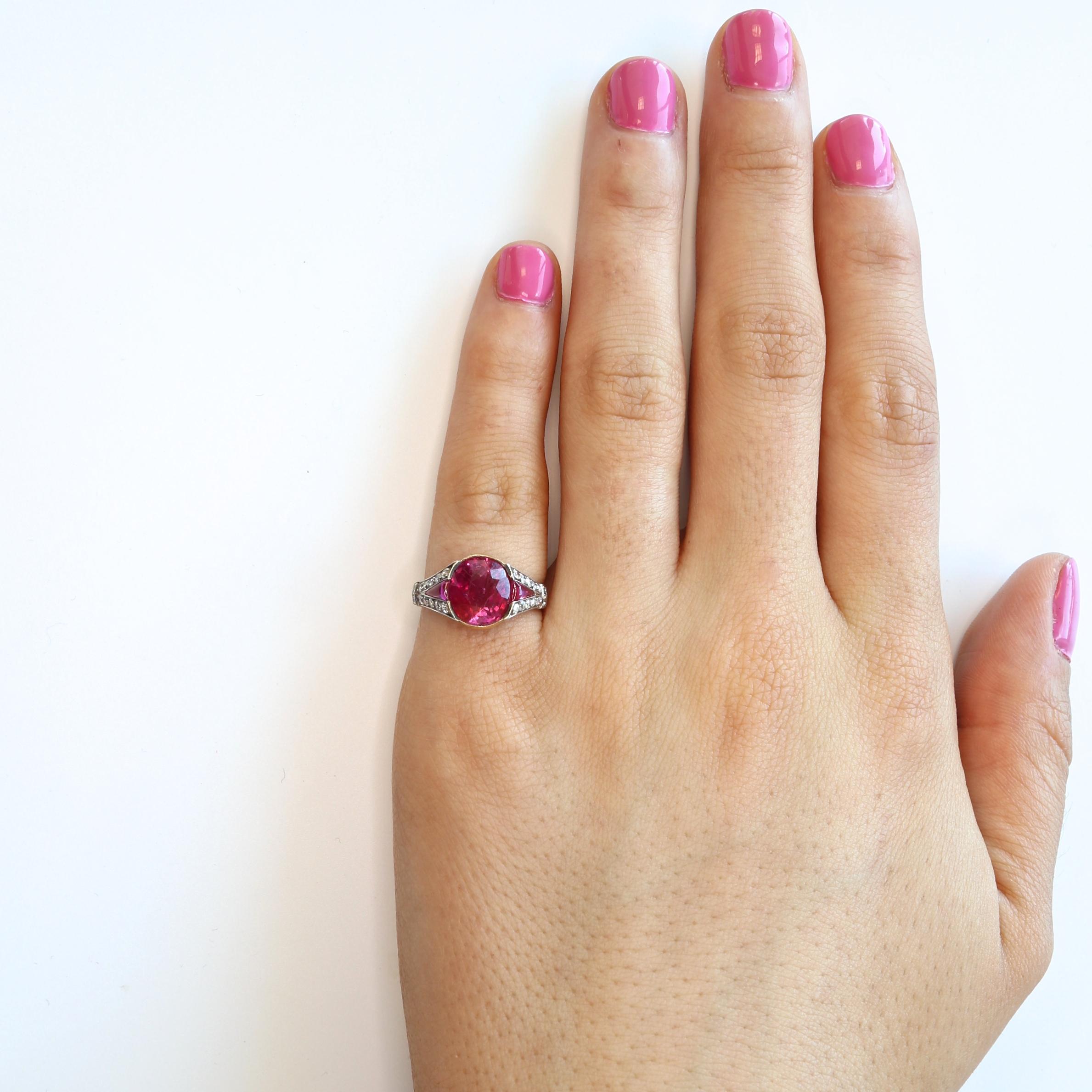 Women's French Art Deco Burma Ruby Diamond Gold Ring