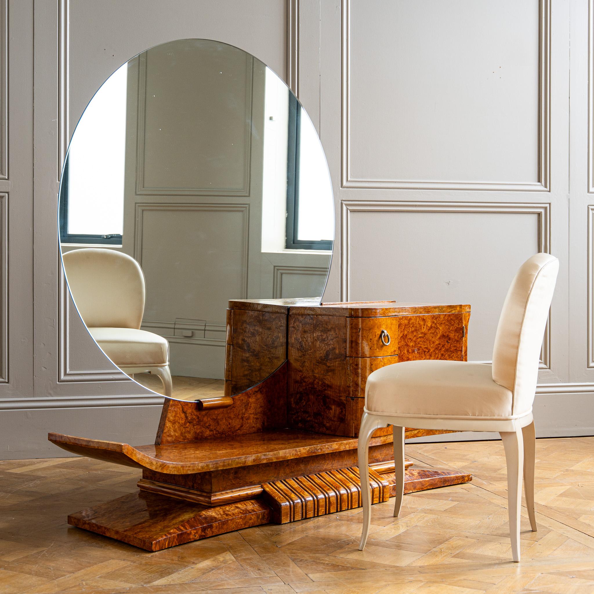 French Art Deco Burr Elm Sculptural Asymmetrical Dressing Table C.1930 In Good Condition For Sale In London, Park Royal