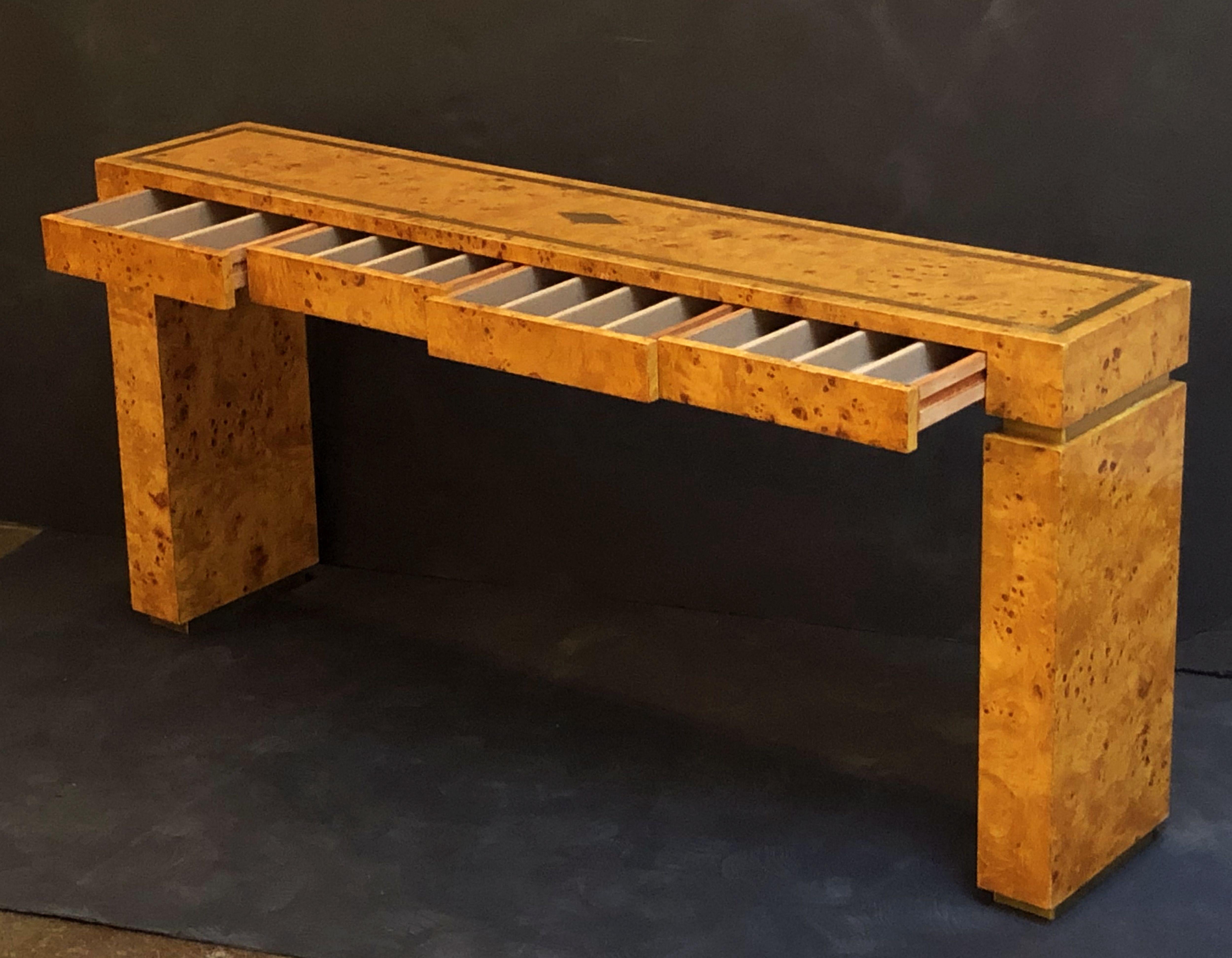French Art Deco Burr Wood Console Table Attributed to Jean Claude Mahey 4