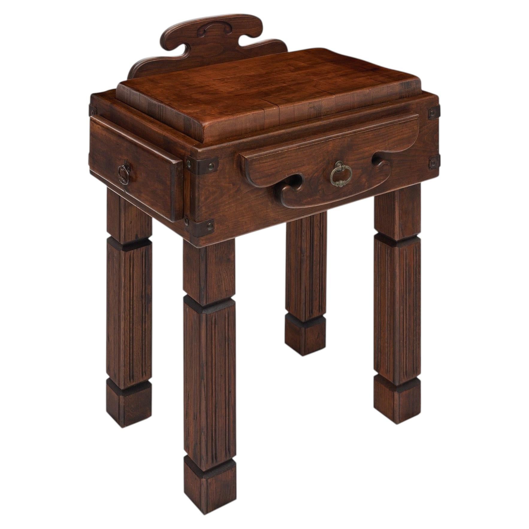 French Art Deco Butcher Block Table with Drawers, Solid Wood, 1930