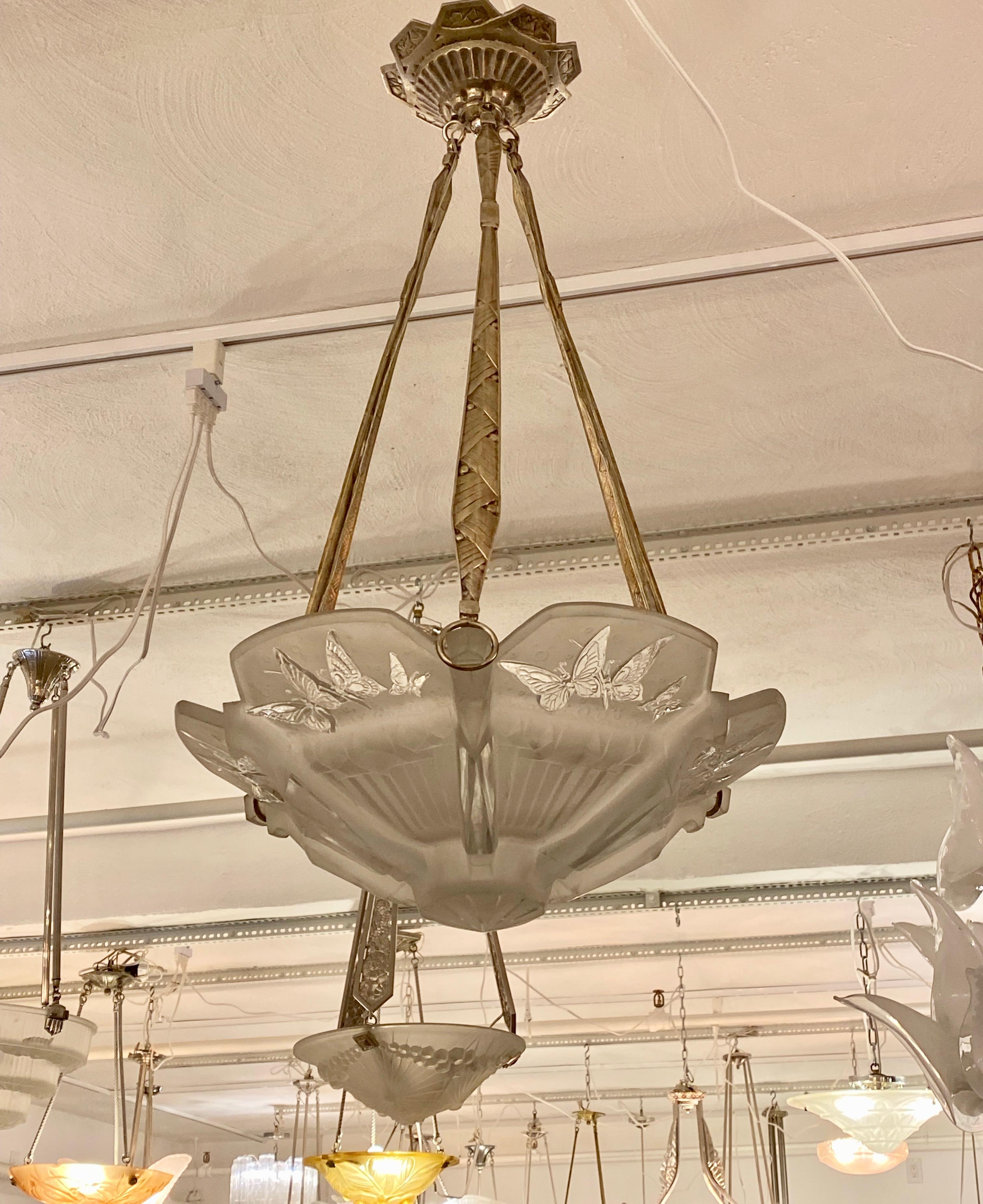 Early 20th Century French Art Deco Butterfly Chandelier Signed by Muller Freres Luneville For Sale
