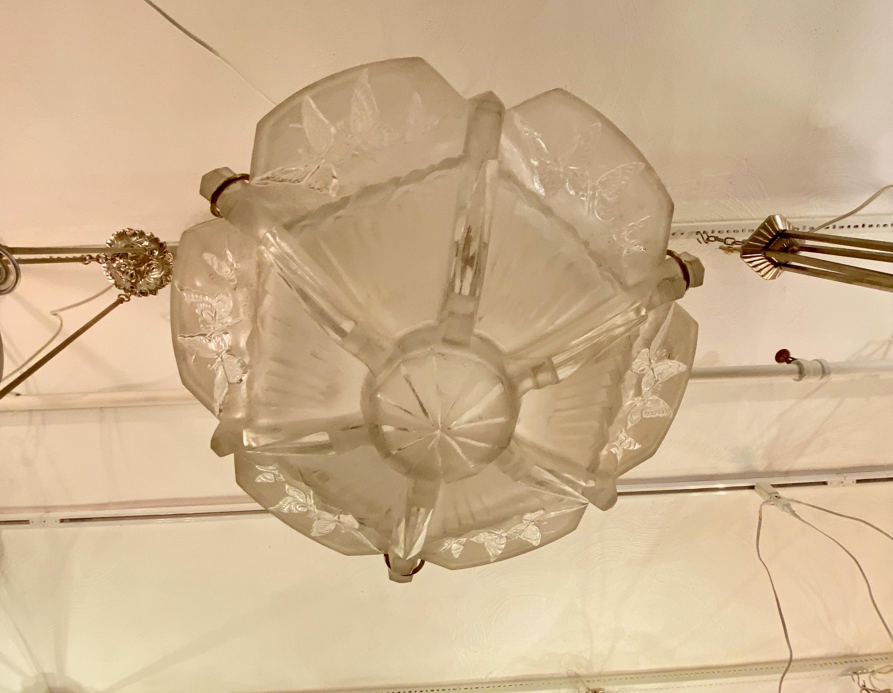 French Art Deco Butterfly Chandelier Signed by Muller Freres Luneville For Sale 2