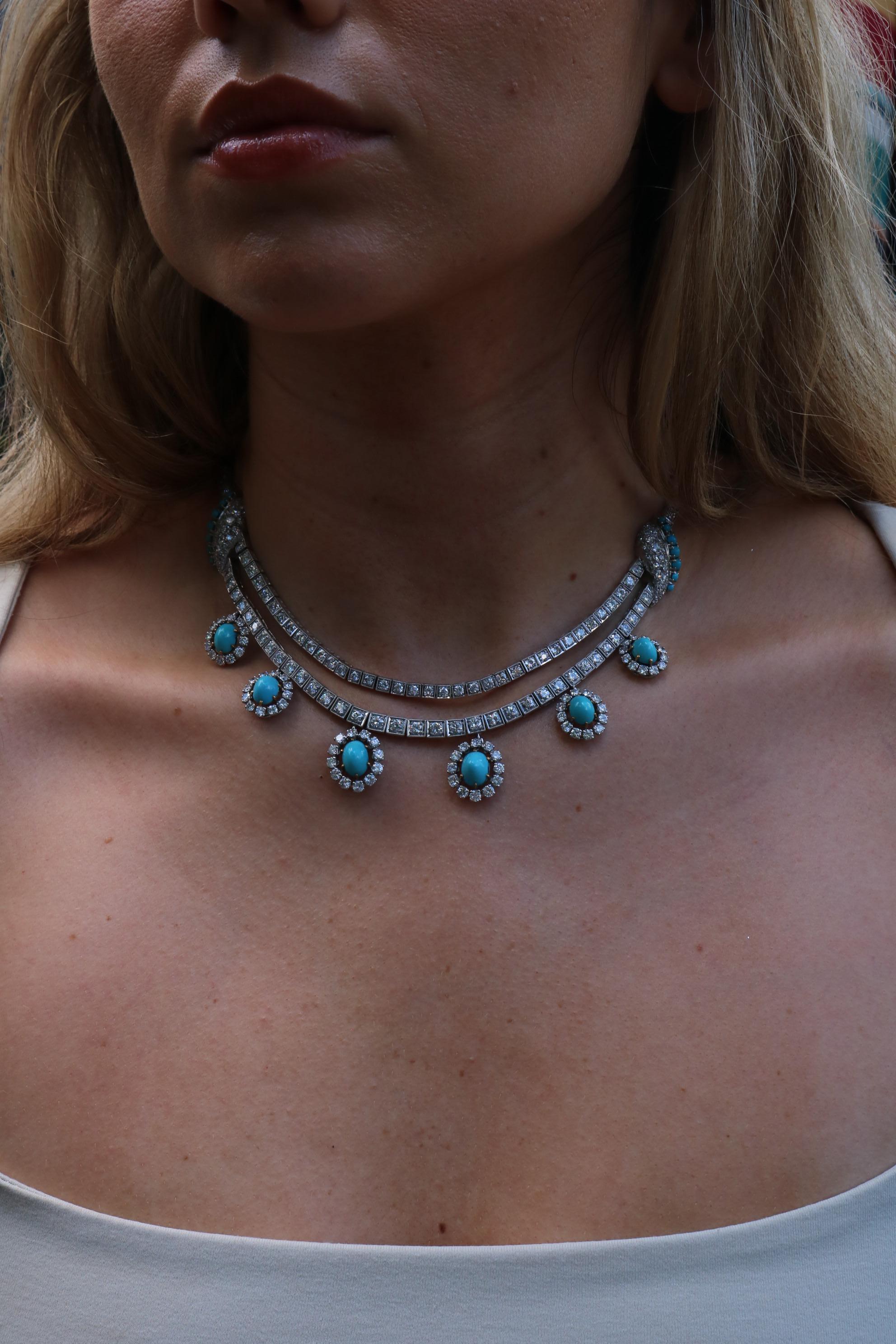 Collar Art Decó francés c1930 de platino con multigota de turquesa persa 22ctw 5
