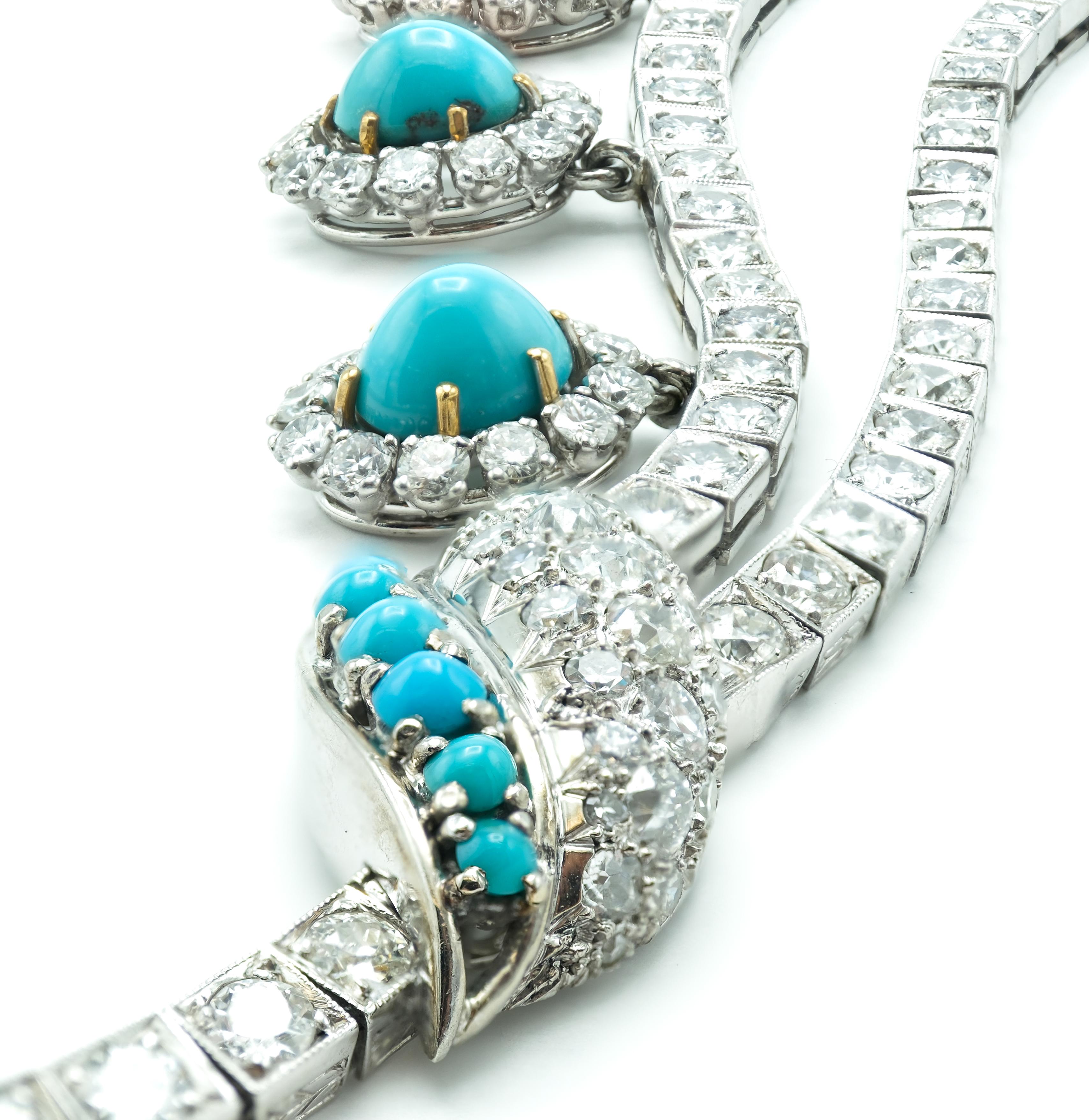 Old European Cut French Art Deco c1930s Platinum with Persian Turquoise Multi Drop Necklace 22ctw For Sale