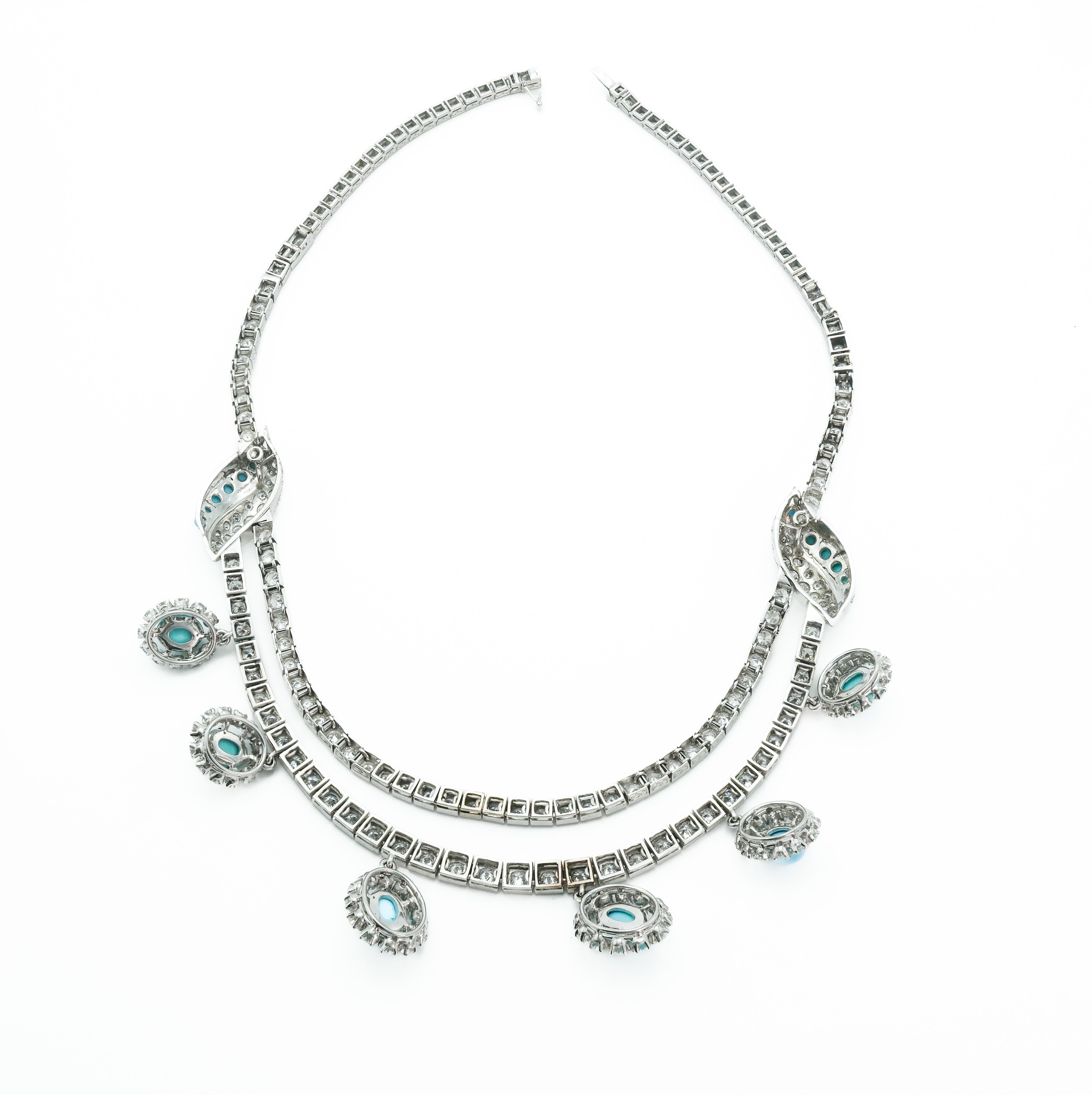 French Art Deco c1930s Platinum with Persian Turquoise Multi Drop Necklace 22ctw For Sale 1