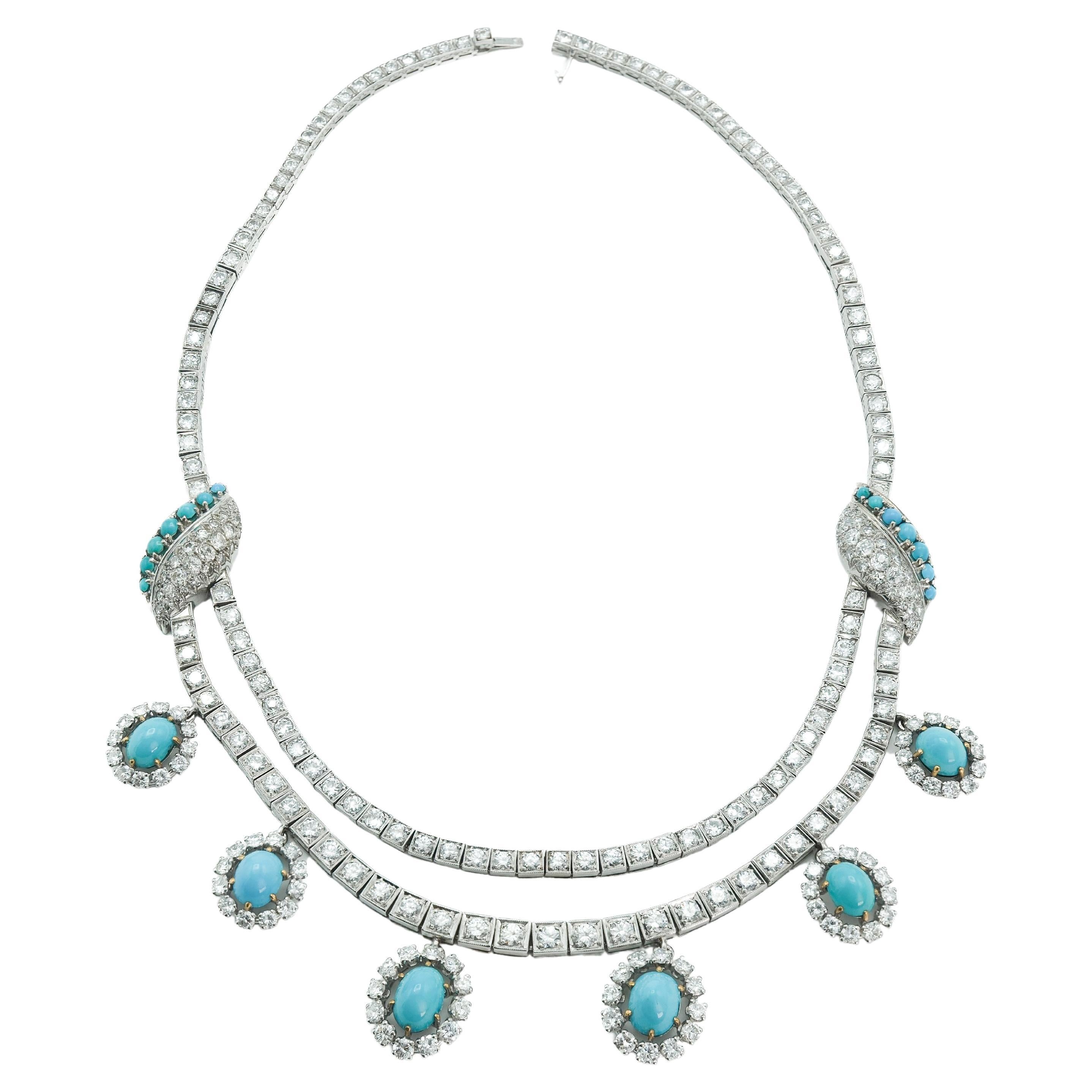 French Art Deco c1930s Platinum with Persian Turquoise Multi Drop Necklace 22ctw For Sale
