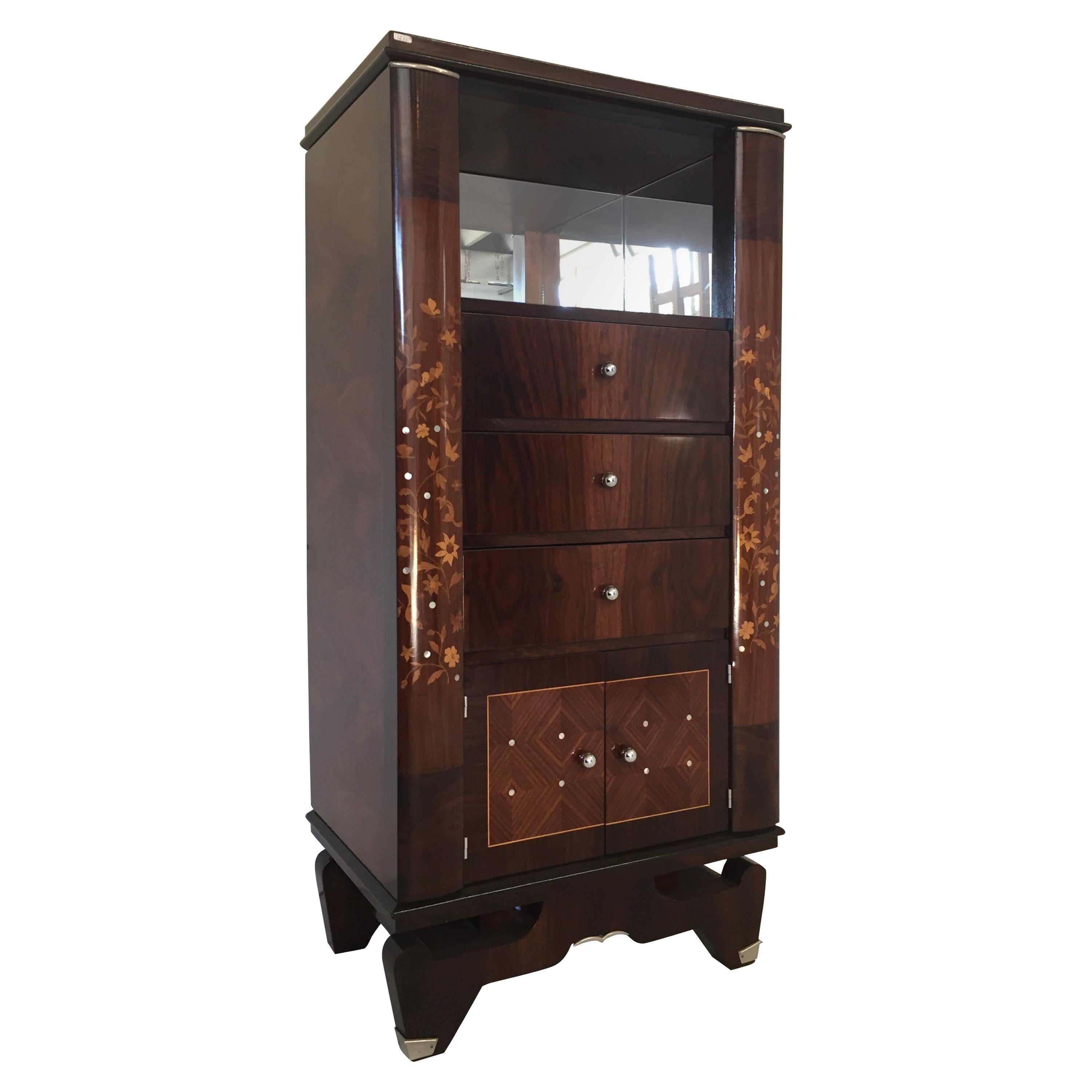 French Art Deco Cabinet in the Jules Leleu Style Mahogany and Mother of Pearl