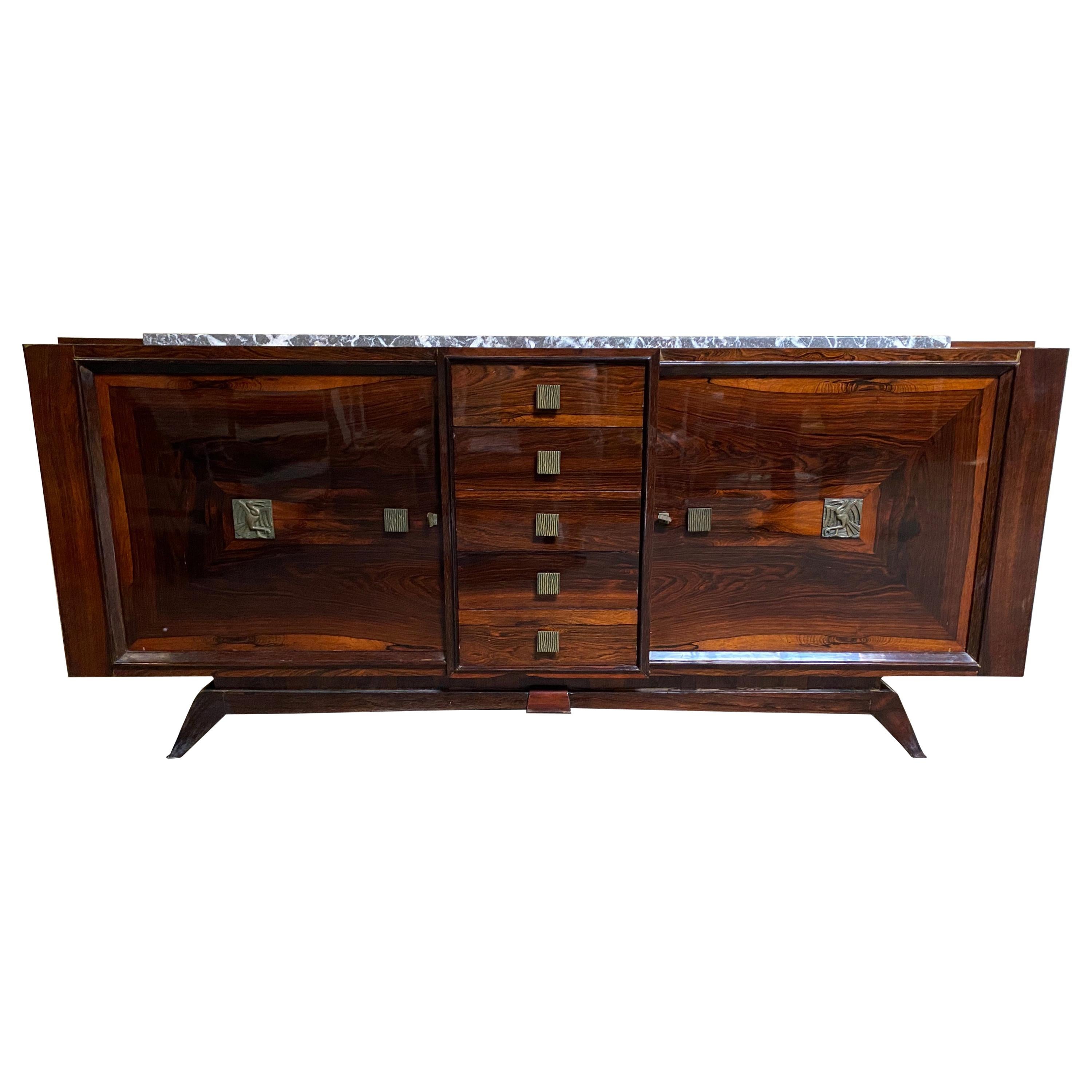 French Art Deco Cabinet / Sideboard, Macassar Ebony, Stylized Bronze Hardware For Sale